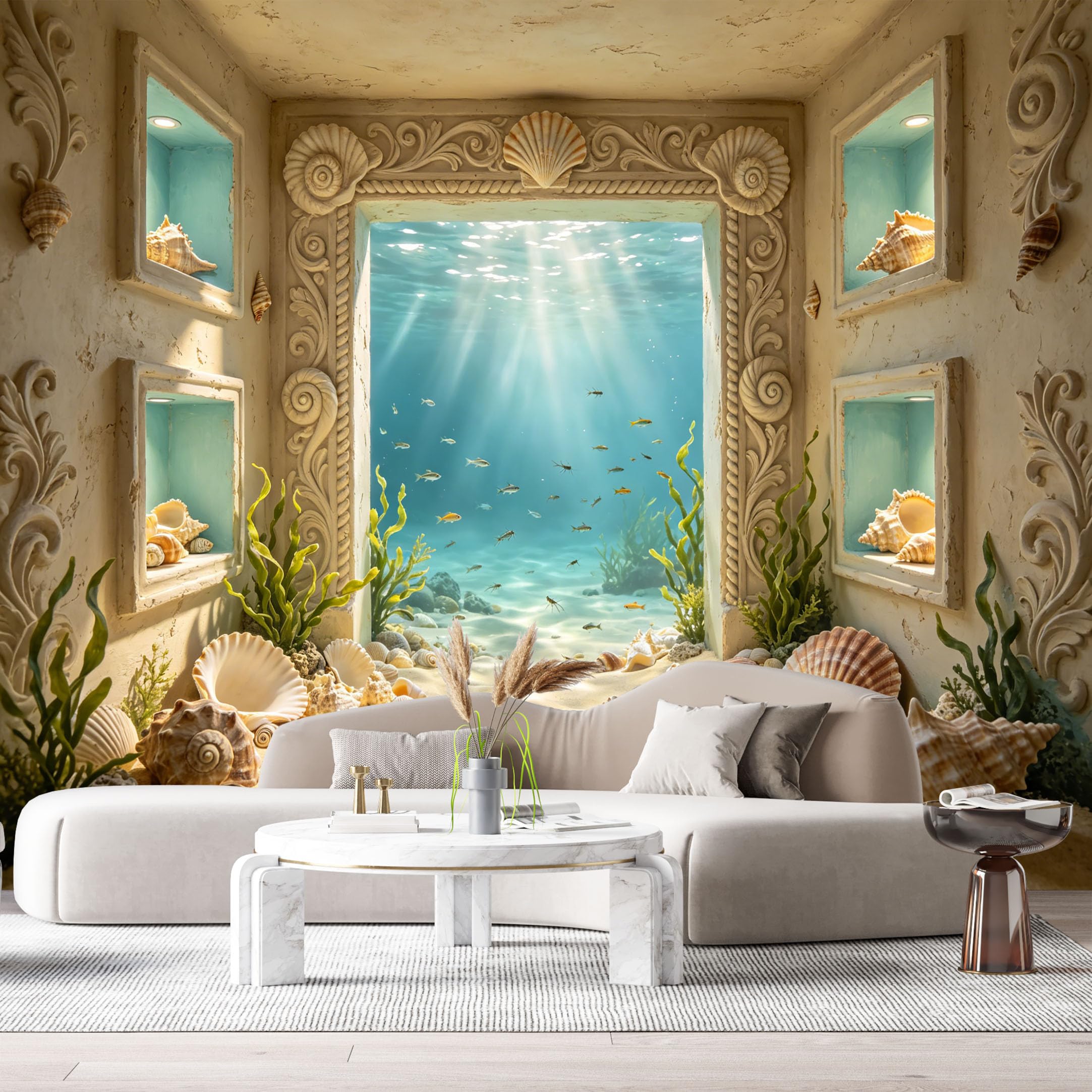Custom Size Wall Murals Ocean Marine Fantasy Underwater Palace Seashells 3D Trompe L'Oeil SelfAdhesiveWall Fabric Removable Wallpaper Wall Decor for Living Room Bedroom Bathroom