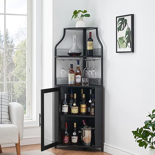 Miniatura 3 de GarveeHome - Gabinete de vino de esquina con estante de vino desmontable, gabinete de bar de esquina industrial de 5 niveles con puerta de granero y