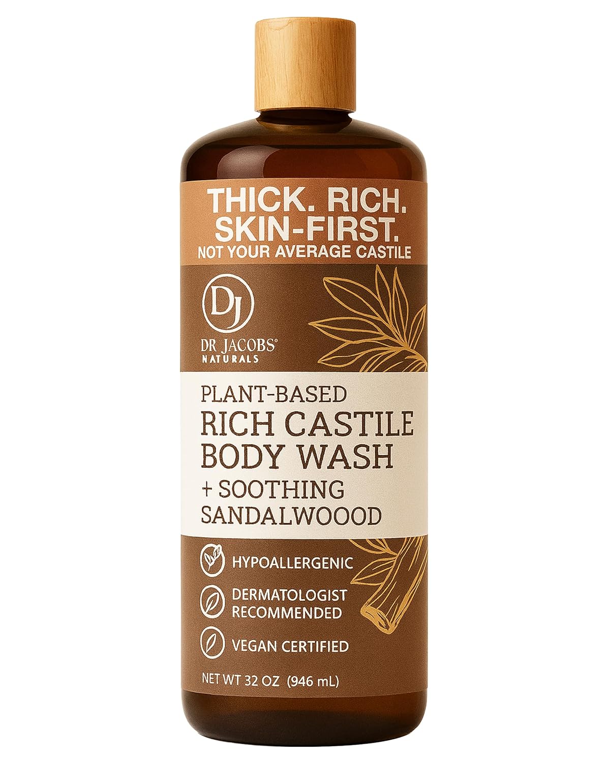 Dr. Jacobs Naturals Pure Castile Soap Liquid Body Wash, Sandalwood – Plant Based Soap Infused with Vitamin E and Aloe Vera to Moisturize Dry and Sensitive Skin – Made in The USA – 32 oz, Pack of 1