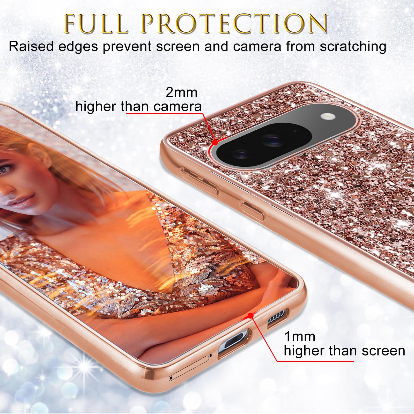 ESONG Glitzer-Hülle Für Google Pixel 9/9 Pro – Magnetisch, Stoßfest, Mit MagSafe, Bling Design In Roségold