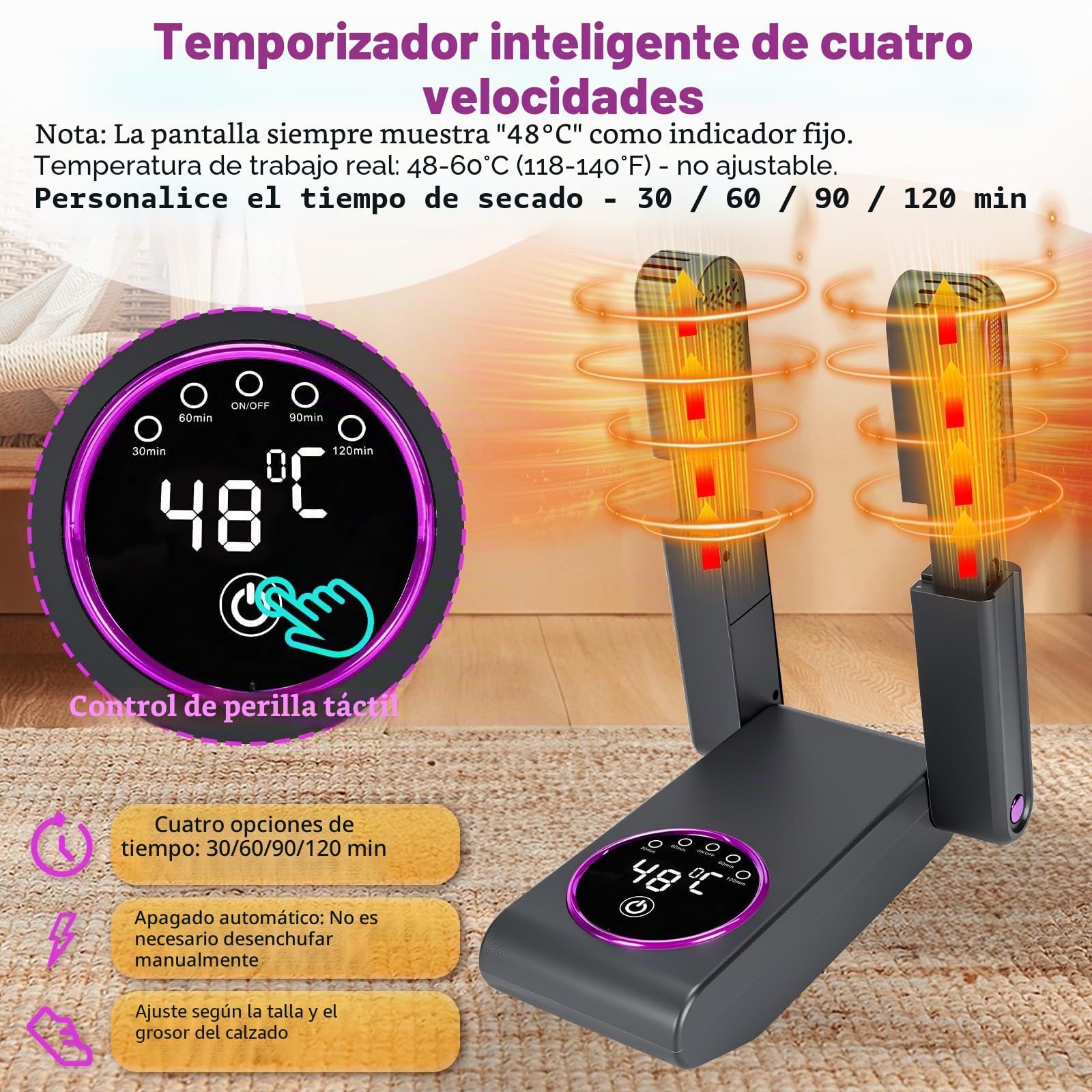 NZQXJXZ Secador de Zapatos Eléctrico, Secador de Botas y Secador de Guantes con Temporizador Inteligente, Diseño Plegable y Retráctil, Apagado Automático Después de 30/60/90/120 Minutos