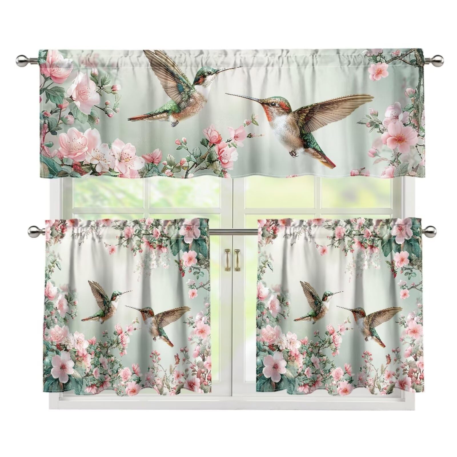 YUVAMAGIMO Hummingbird Floral Kitchen Curtains Tiers and Valances Set 3 Kitchen Curtain Set for Kitchen Window Over Sink Decor for Bathroom Living Room (1 Valance(54"x18")+2 Tiers(27.5"x24"))