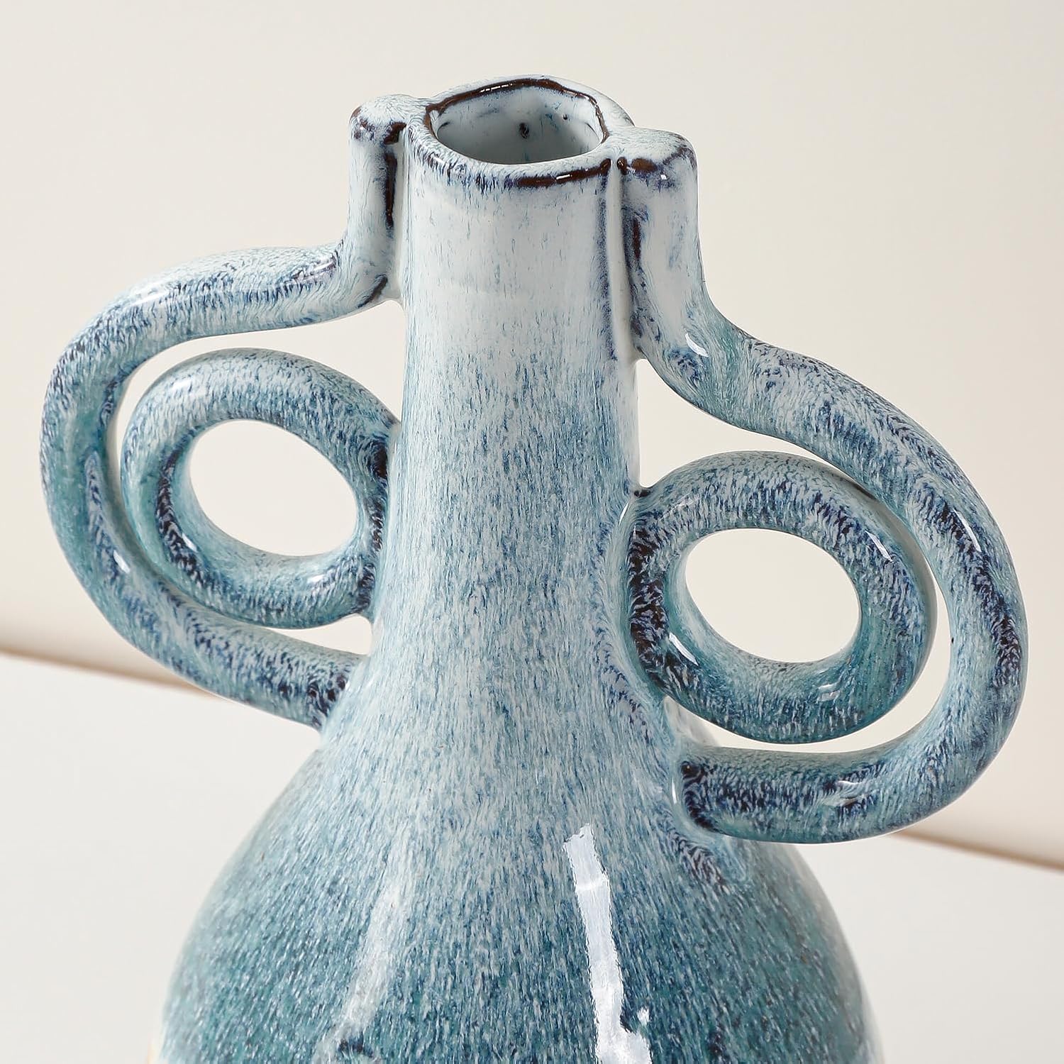Ceramic Vase Aesthetic Reactive Glaze Decorative Flower Vase with Handles for Modern Rustic Home Decor, Living Room Bookshelf Mantel Table Centerpiece, 10.6 Inch