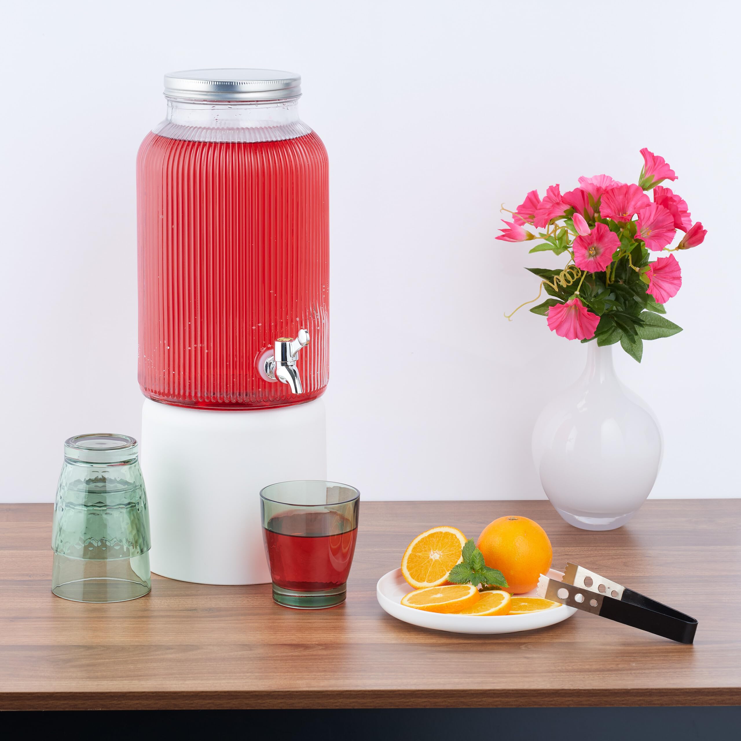 Relaxdays Distributeur de Boisson, 5 l, avec Robinet et Couvercle, Design décoratif, pour Votre Limonade, Transparent