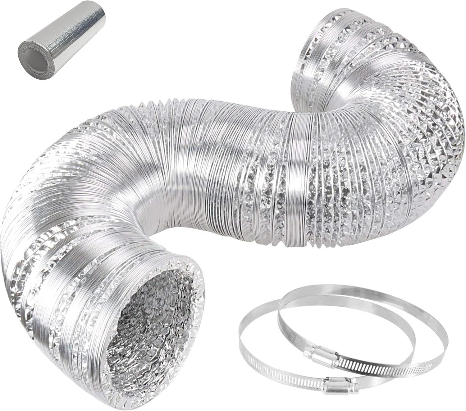 iPower 4 Inch x 8 Ft Flexible Aluminum Dryer Vent Hose Ducting for HVAC, Exhaust Fans, Grow Tents - Includes Clamps