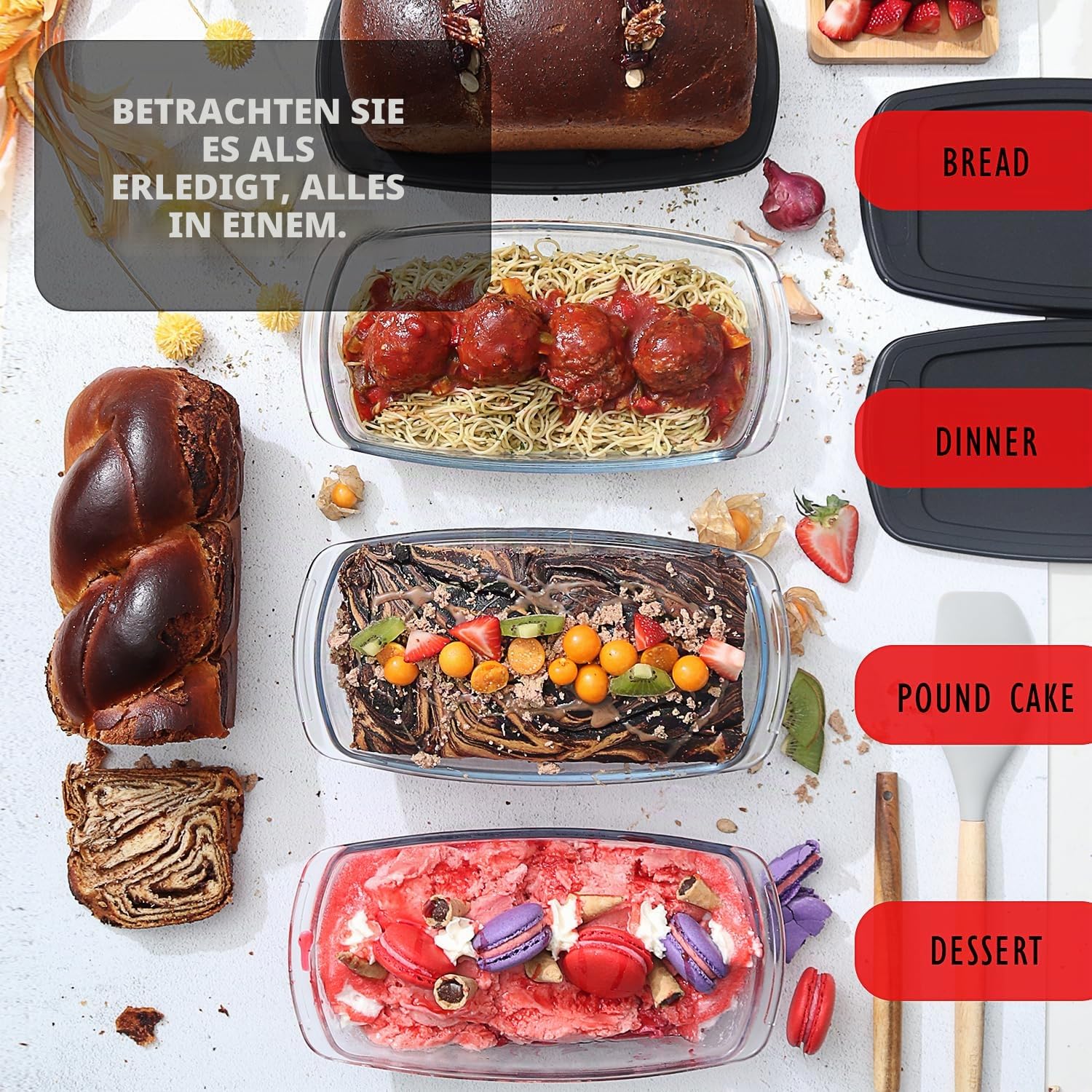 EATEX Glas-Brotpfannen für selbstgemachtes Brot, 1,9 Qt tief, rechteckig, mit Deckel, Lebensmittelbehälter, mikrowellen- und gefriergeeignet, 3 Glas-Brotbackformen, 3 luftdichte Deckel, BPA-frei