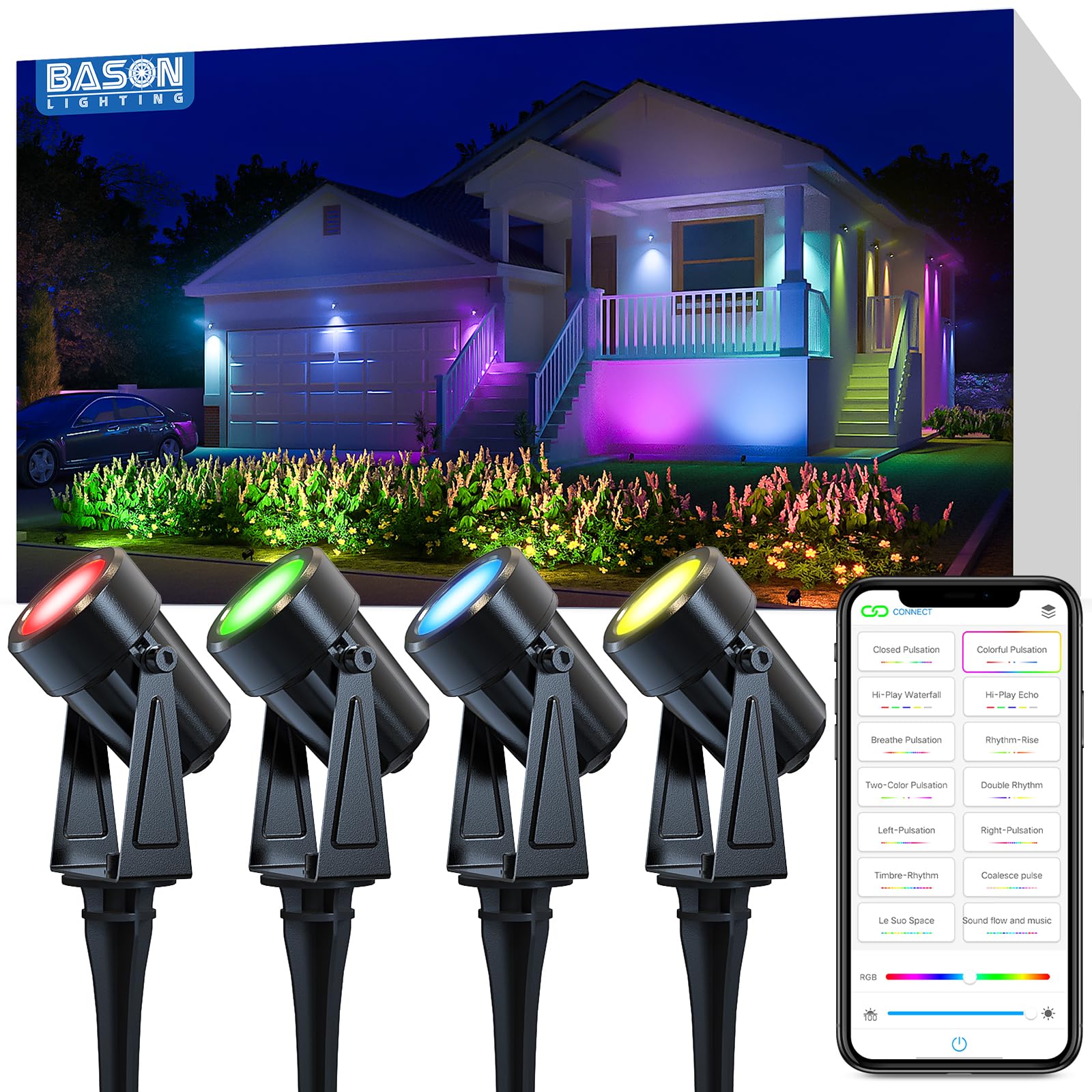 BASON LIGHTINGOutdoor Smart Spot Lights, 44ft Wired IP65 Waterproof Landscape Lights, RGBW Low Voltage Lighting for Yard, Pathway, Graden, Lawn, Control with App and Voice, Power Supply, 4 Pack.
