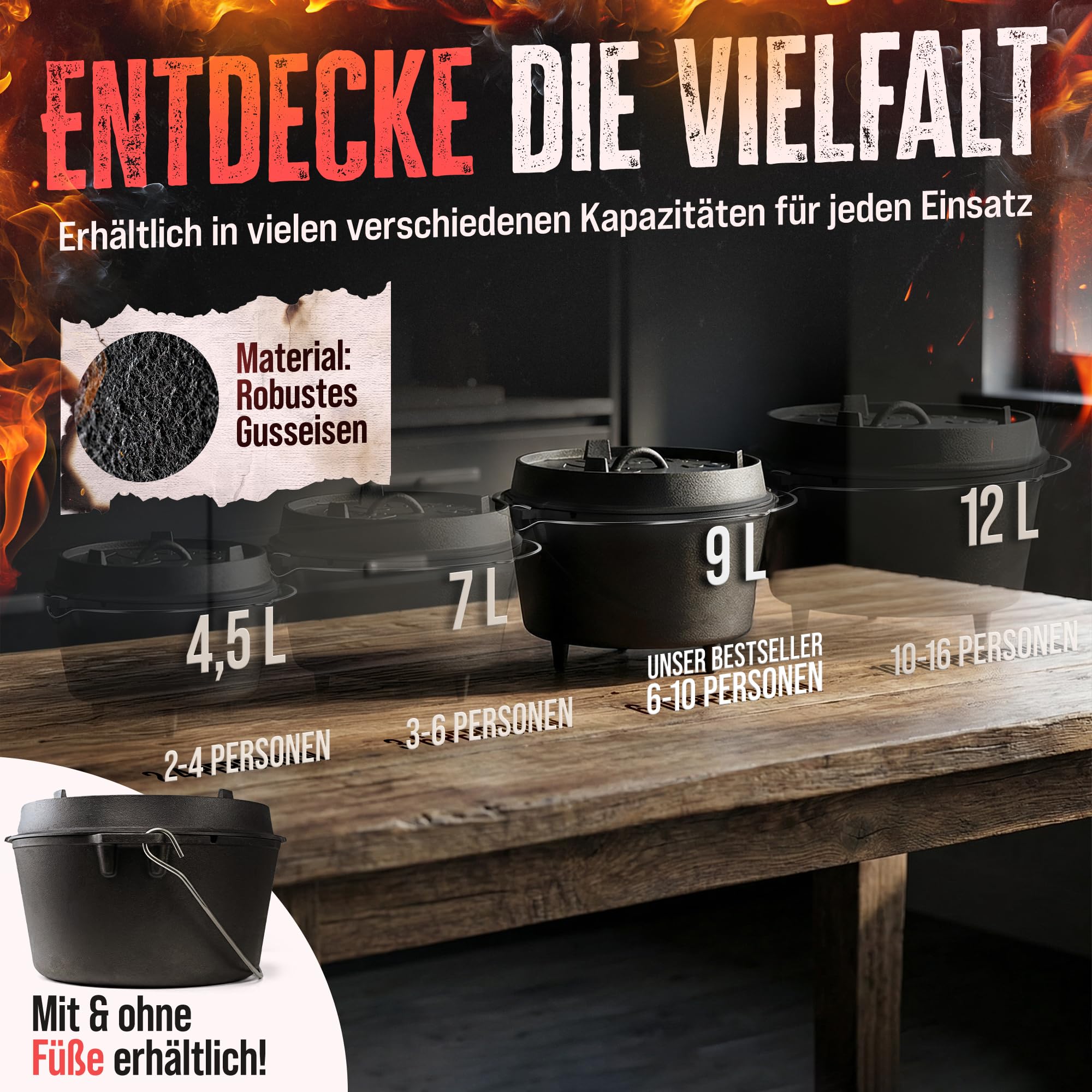 AMZBBQ Premium Dutch Oven - Olla con patas (9 litros)