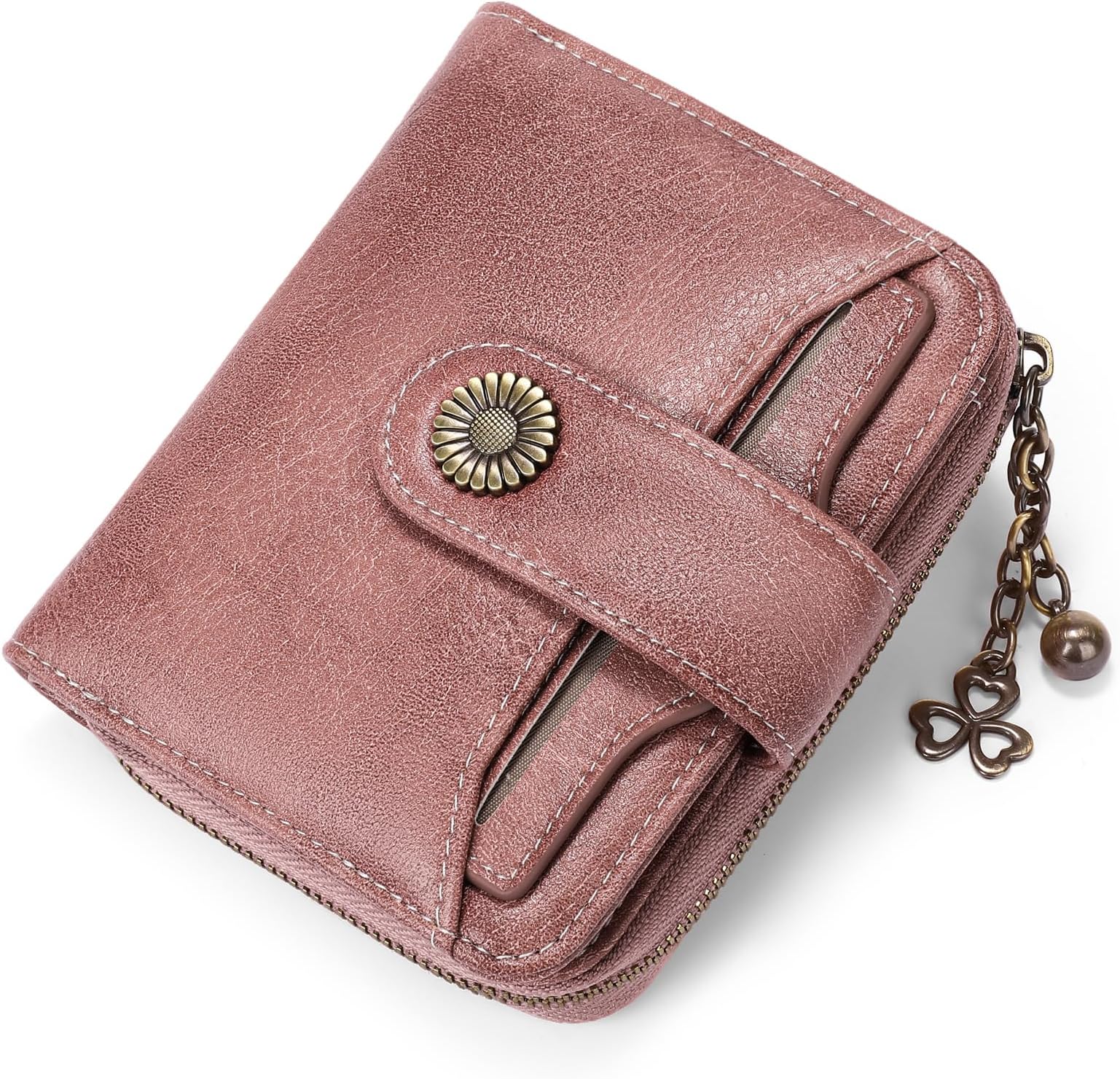 SENDEFN Women's Small Leather Wallet with Coin Compartment Small Zip Wallet Card Holder with RFID Blocker, zd blush powder, 12 x 10 x 3 cm, Modern