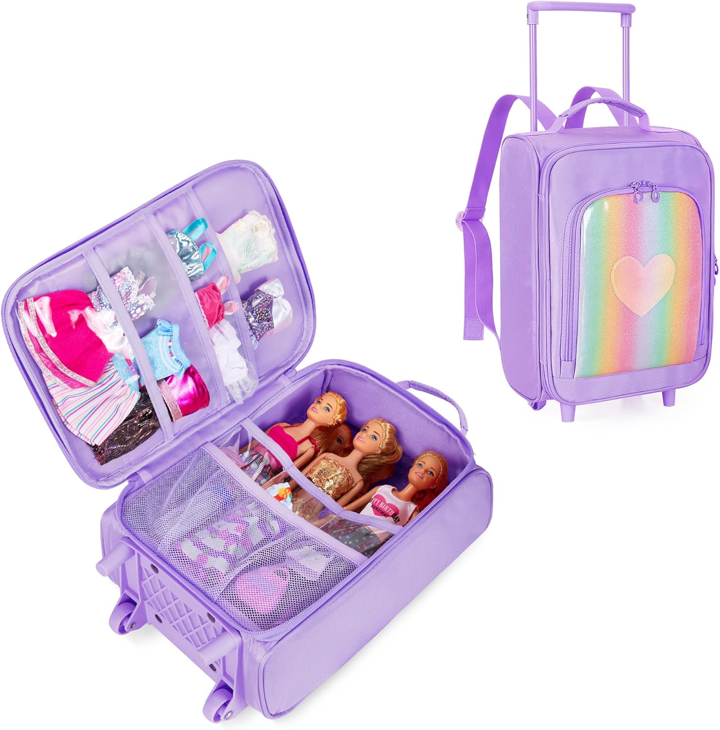 Travel Rolling Suitcase Compatible with Barbie Dolls 12-Inch Holds up to 6 Dolls, Storage Luggage Backpack with Wheels and Handle, Multiple Pockets for Doll’s Clothes, Accessories, Purple, Bag Only