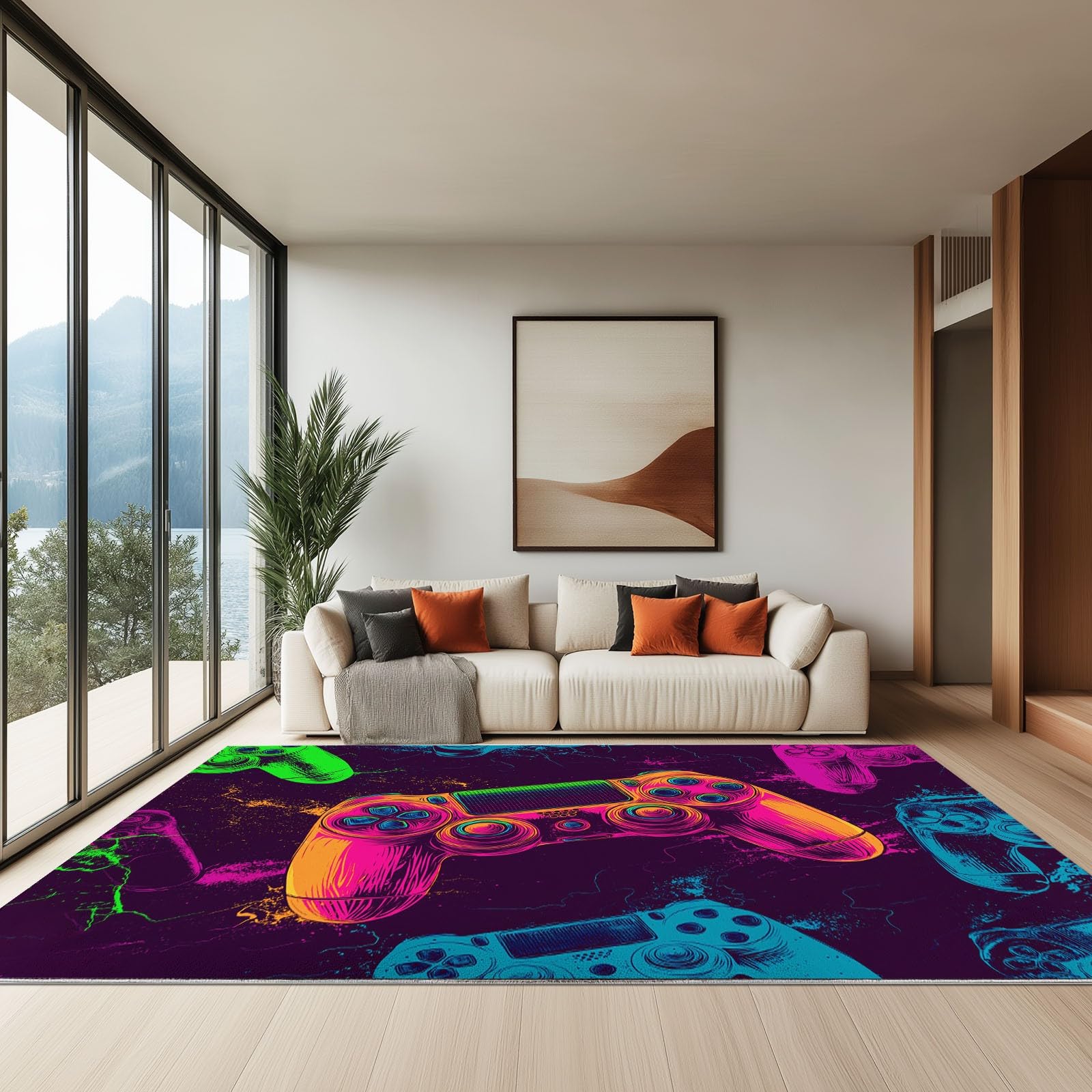 Tappeto moderno con controller di gaming, fondo morbido antiscivolo, a pelo corto, di medie dimensioni, per camera dei bambini, cucina e camera da letto, delicato sulla pelle, viola, 120 x 170 cm