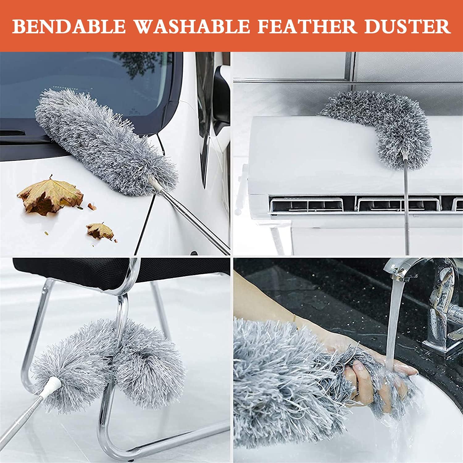 Microfiber Duster with Extension Pole(Stainless Steel), Extra Long 100 inches, with Bendable Head, Extendable Duster for Cleaning High Ceiling Fan, Interior Roof, Cobweb, Gap Dust- Wet or Dry Use : Health & Household