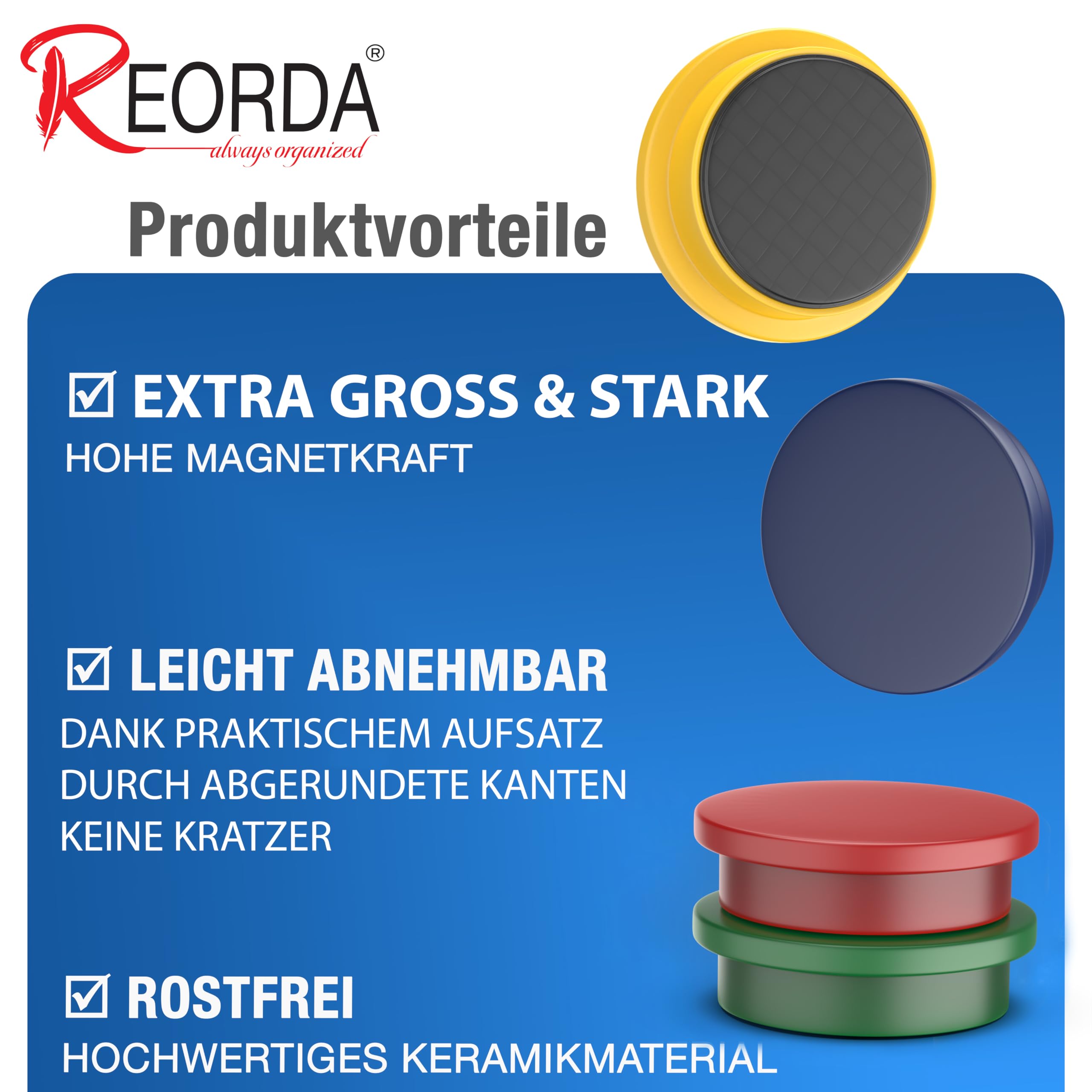 REORDA® Imanes para pizarra magnética fuerte – 30 imanes fuertes para pizarra blanca, tablón de anuncios, como imanes para nevera y pizarra, imanes redondos – multicolor