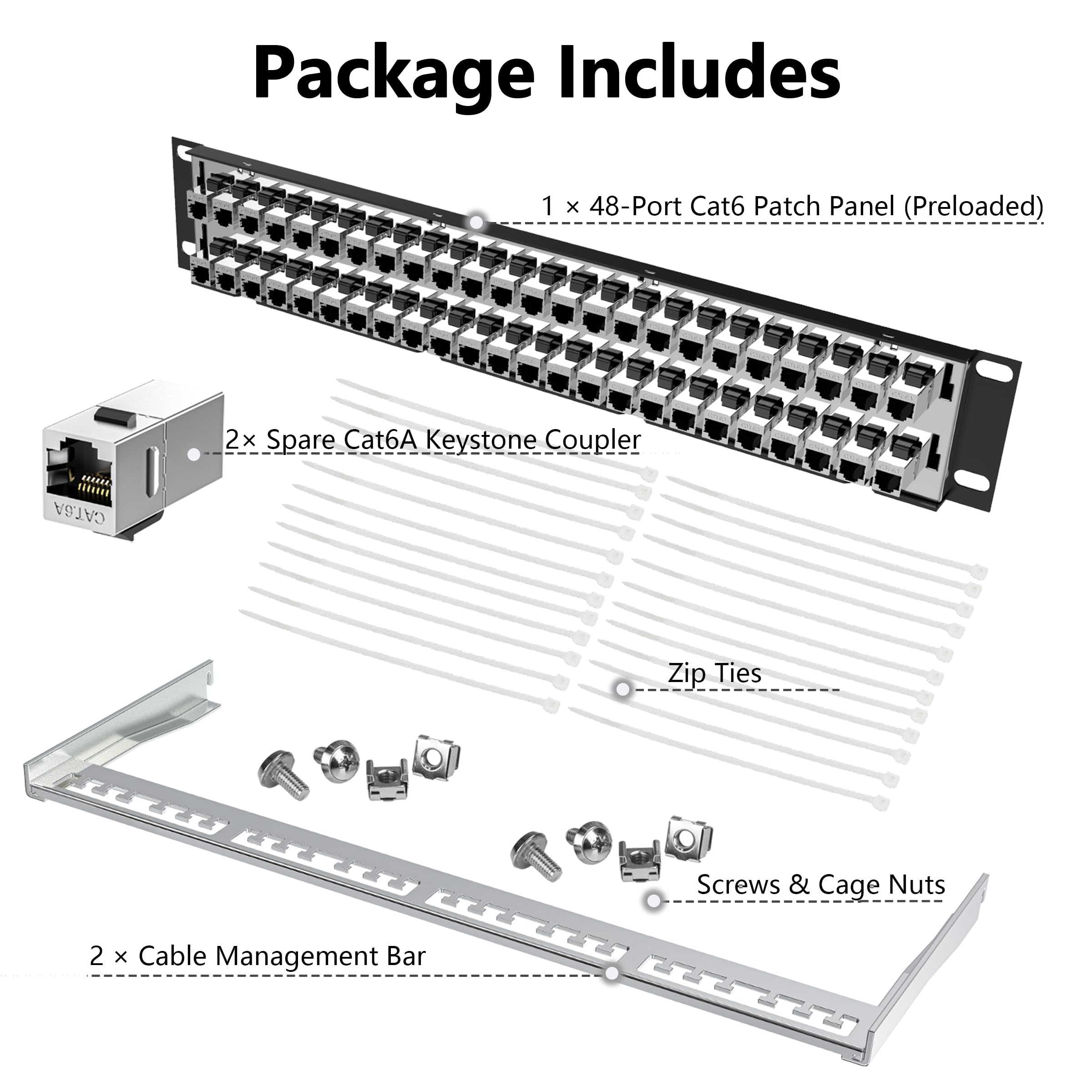 Jadaol Panneau de brassage blindé à 48 ports ou montage mural de 48,3 cm, panneau réseau 2U Cat6A préchargé avec 48 coupleurs Keystone plus 2 de rechange, panneau Ethernet 10 Gbit/s avec gestion des