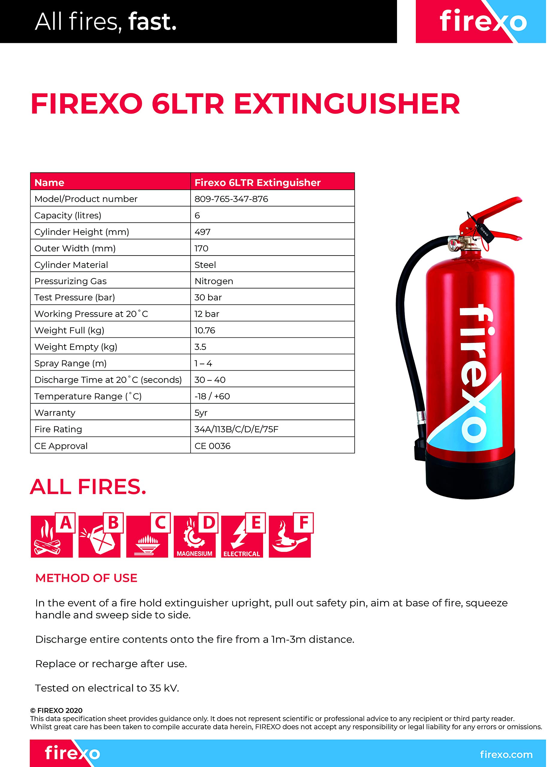 Firexo Estintore (6 Liter) - Fire Extinguisher Per Casa, Ristorante, Cucina, Camper, Lavoro, Barca, Camino - Estintore per tutte le classi di incendio