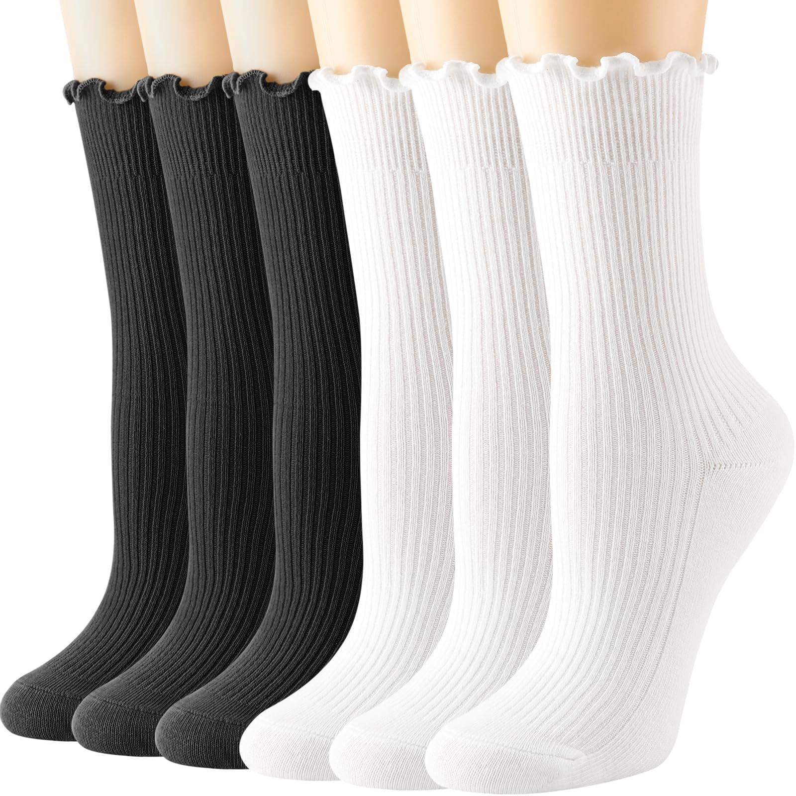Dreshow Women's 6 Pairs Ankle Socks Set52-03 Ruffle Socks Cotton Turn-Cuff Casual Ankle Socks Breathable Lettuce Crew Knit Frilly Sock 6 Pack