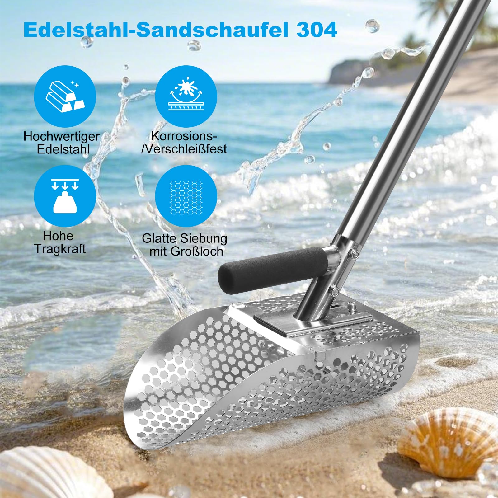 Pelle à Sable en Acier Inoxydable 304 pour Détection de Métaux, Manche Démontable 114cm, Anti-Rouille
