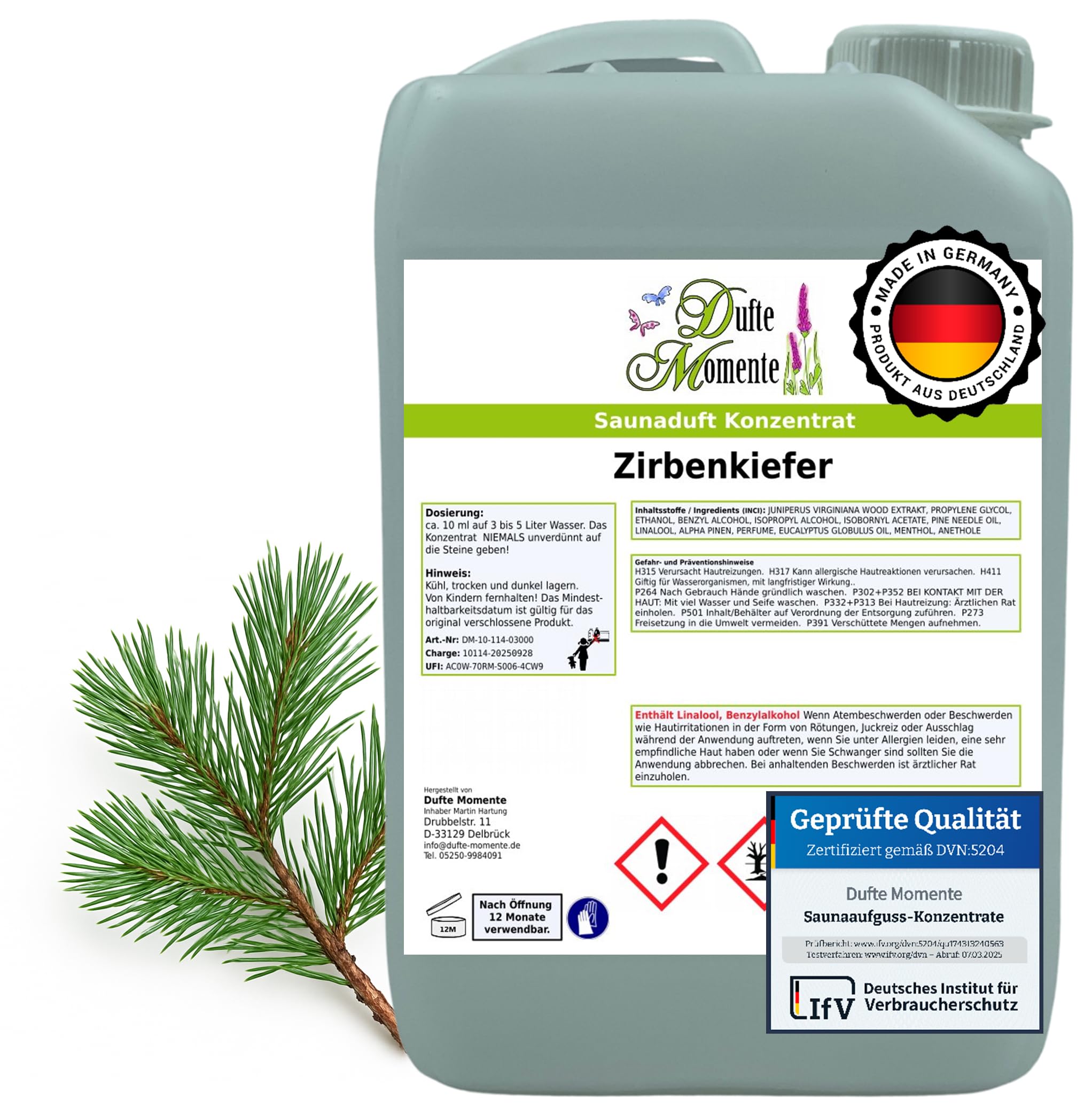 Dufte Momente Saunaaufguss-Konzentrat Zirbenkiefer – 3 Liter – waldig & klar – konzentriert & ergiebig – zertifizierte Profi-Qualität – vegan & Made in Germany