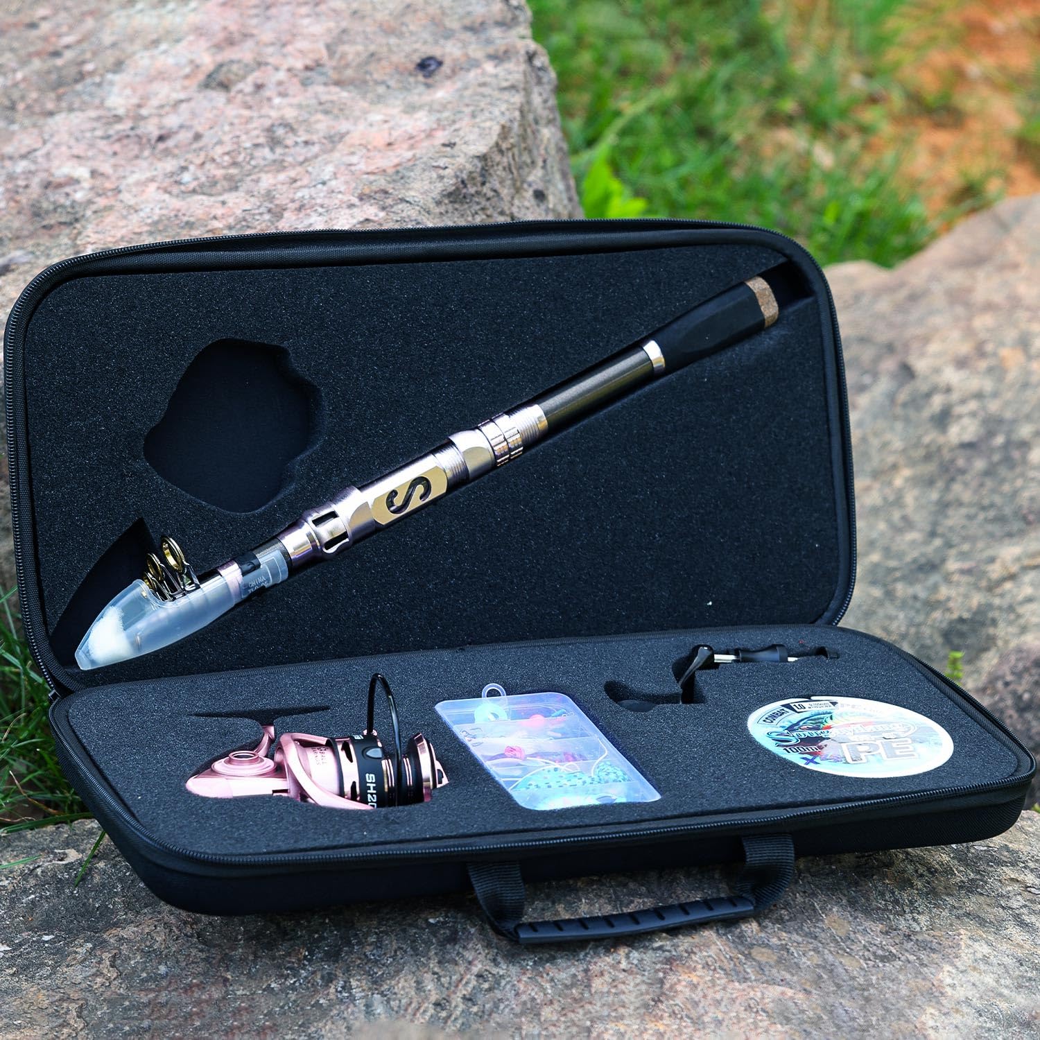 Sougayilang Canna da pesca e mulinello, canna telescopica ad alto tenore di carbonio, mulinello leggero da spinning con lenza da pesca portatile, kit da viaggio adatto per donne