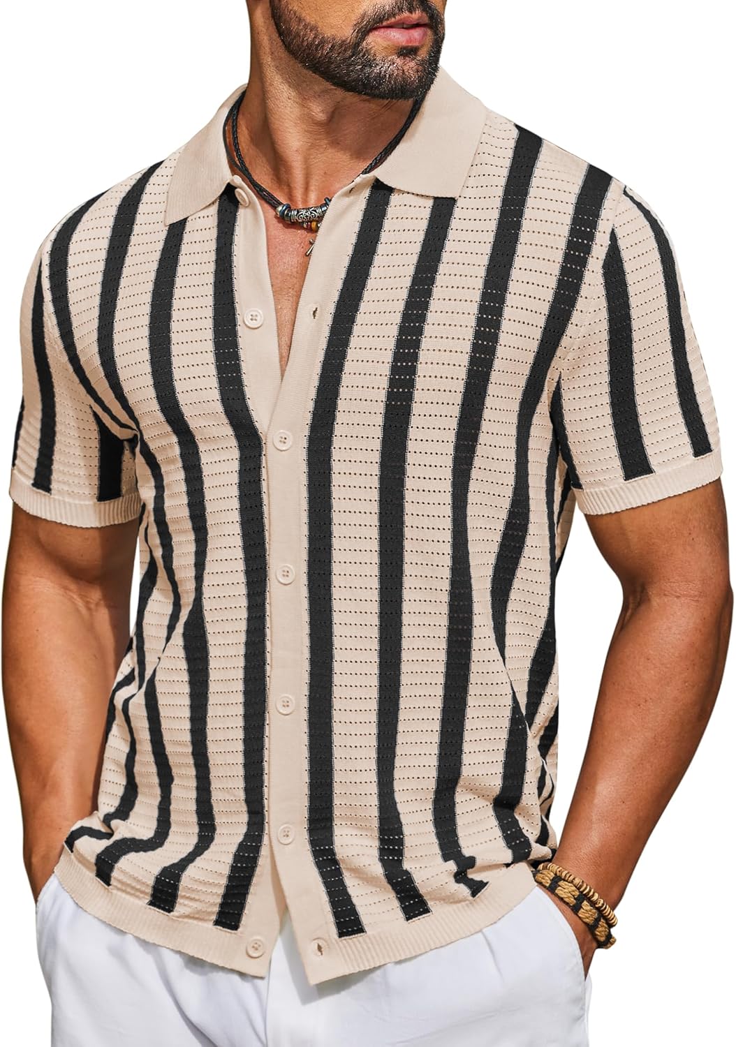 COOFANDY Men's Knit Shirts Short Sleeve Button Down Polo Shirt Striped Casual Summer Beach Shirts