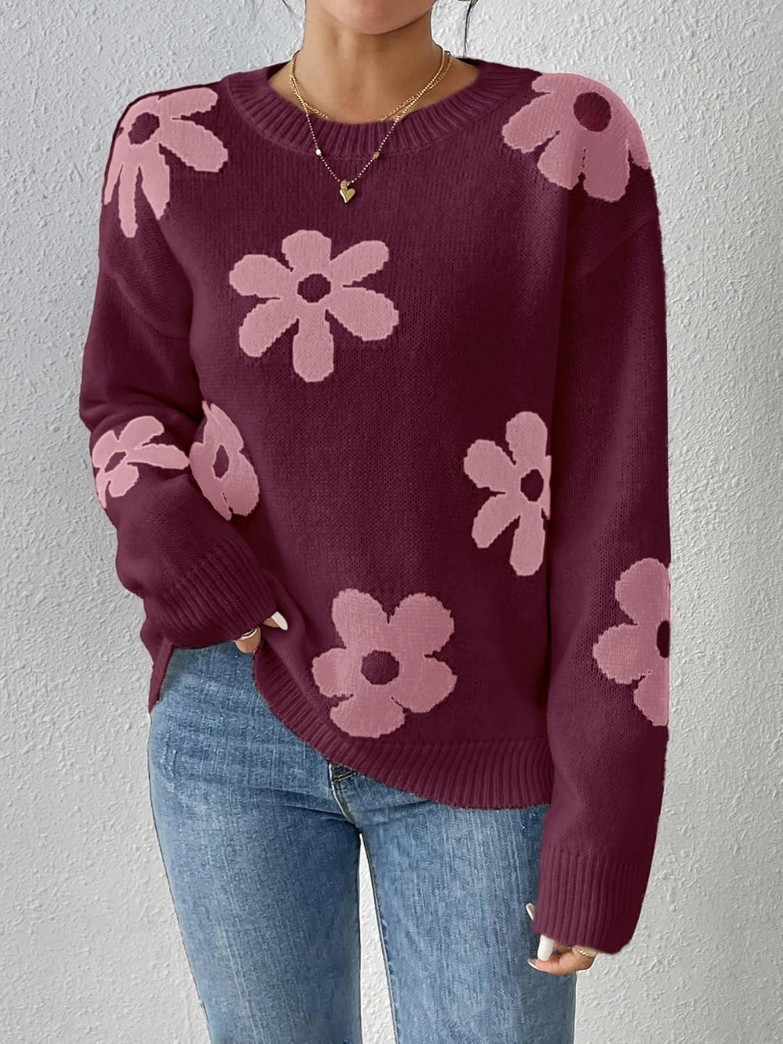 Womens Oversized Cute Flower Sweater Valentine Day 2026 Trendy Vintage Floral Knit Crewneck Pullover Tops - Image 2