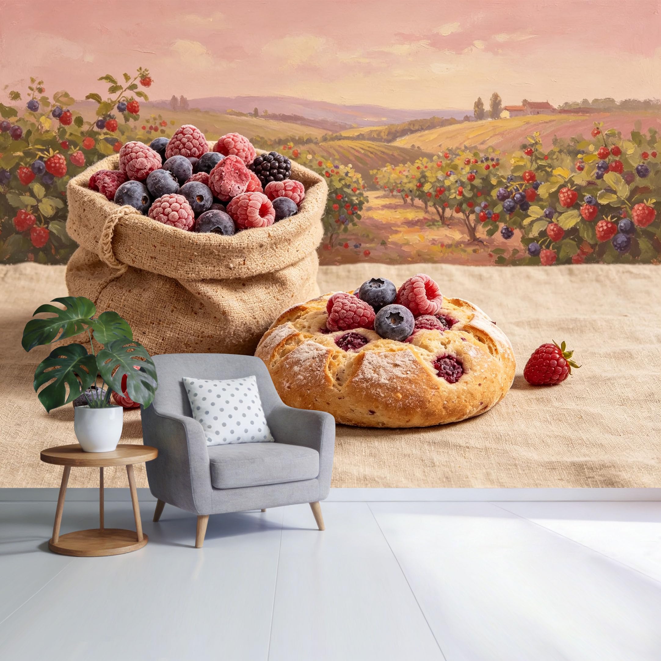 Custom Size Wall Mural Berry Farm Landscape Rustic Bread and Fresh Fruit Still Life SelfAdhesive Wall Fabric Removable Wallpaper for Home Office Decor