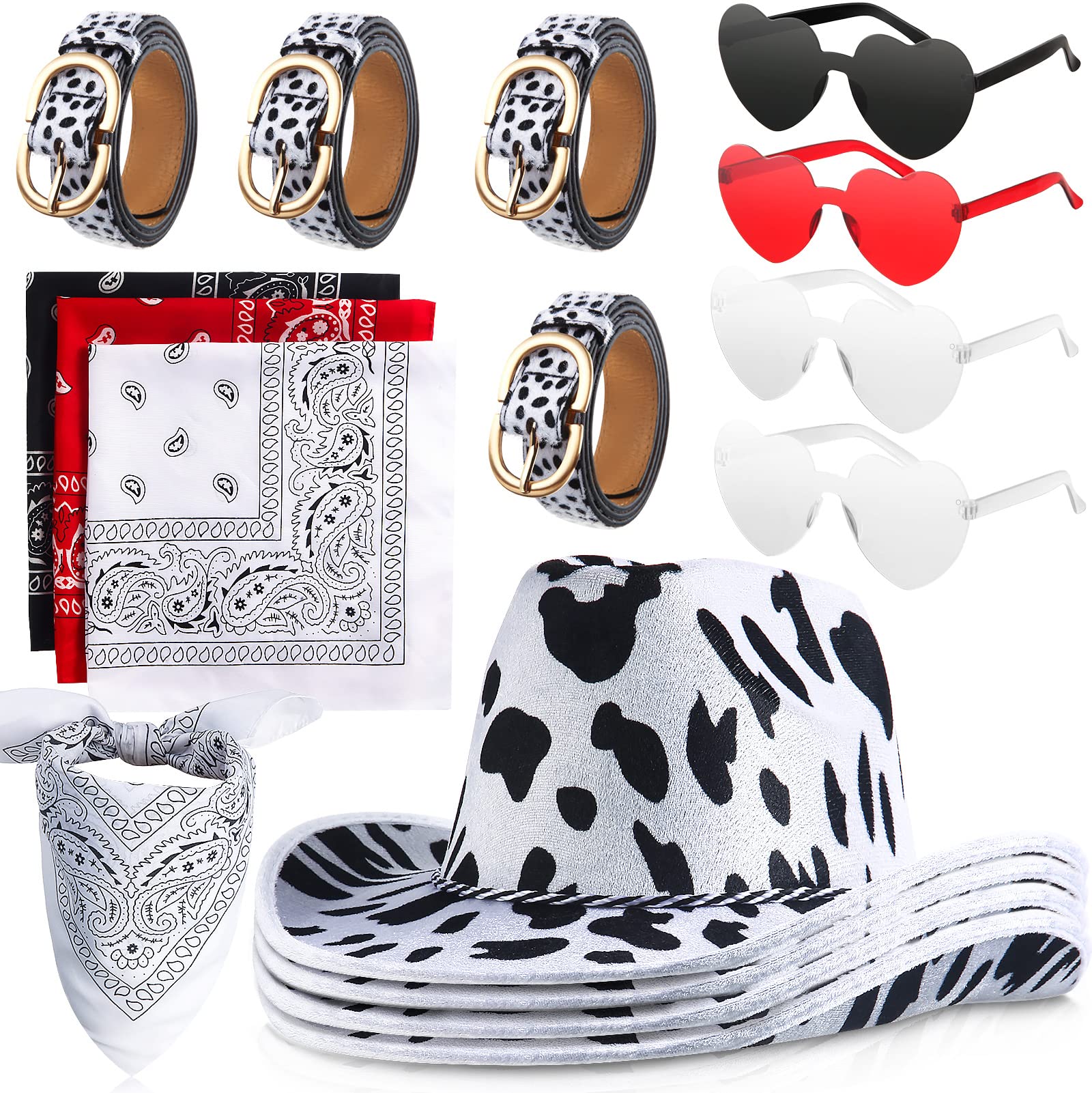 16 Pcs Cowgirl Hat Cow Print Hat Set Cowboy Outfit Heart Glasses Cowboy Scraf Belt Western Costume