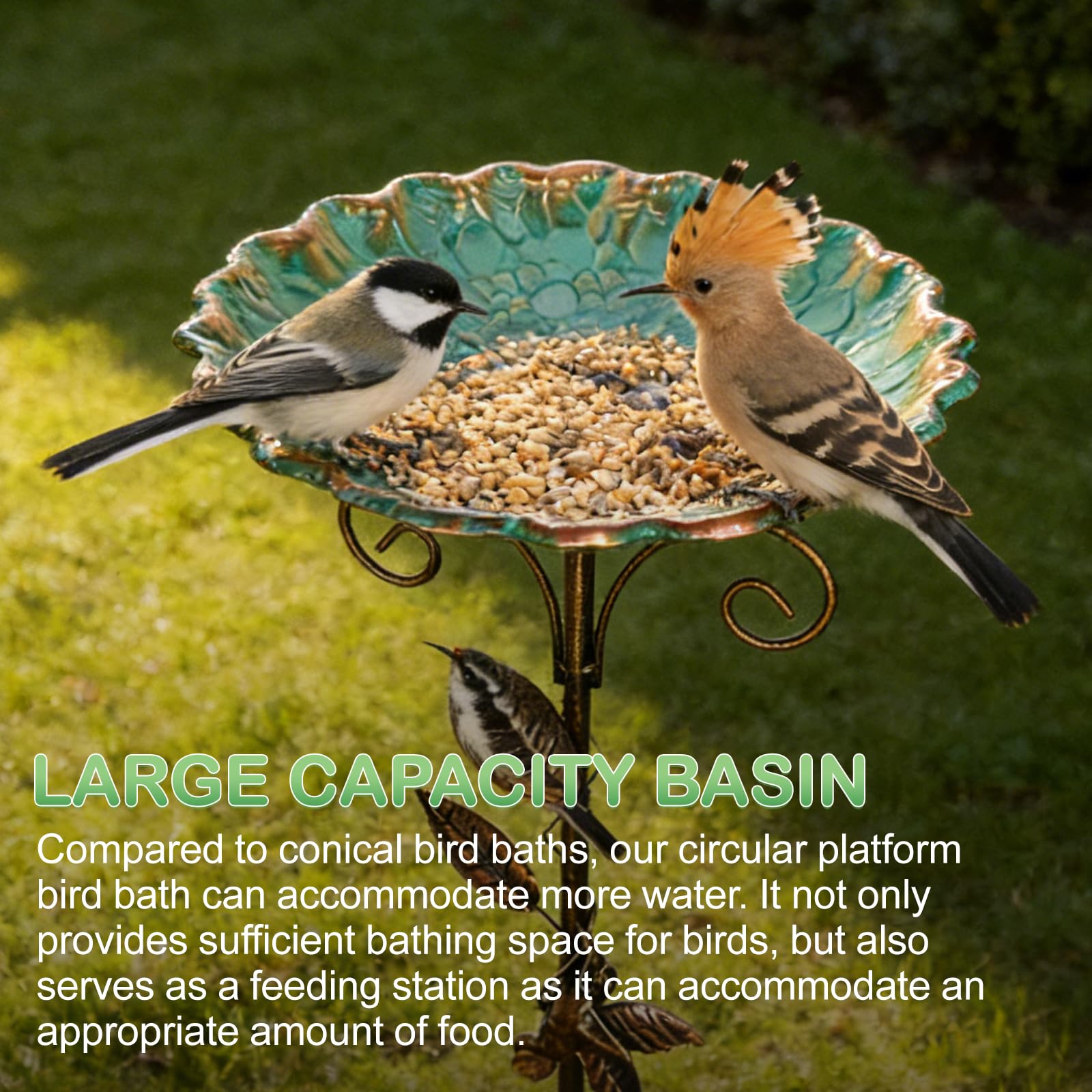 GOMETY Bebedero para pájaros de pie, para jardín, resistente al invierno, de metal, resistente a las heladas, para exteriores, 2 en 1, bebedero para pájaros y comedero para aves silvestres, 77 cm