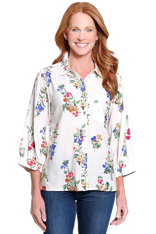 Woven Button Front Tunic Point Collar Chest Pocket, Floral Multi, XL by Ali Miles - Used condition - US$26.92
