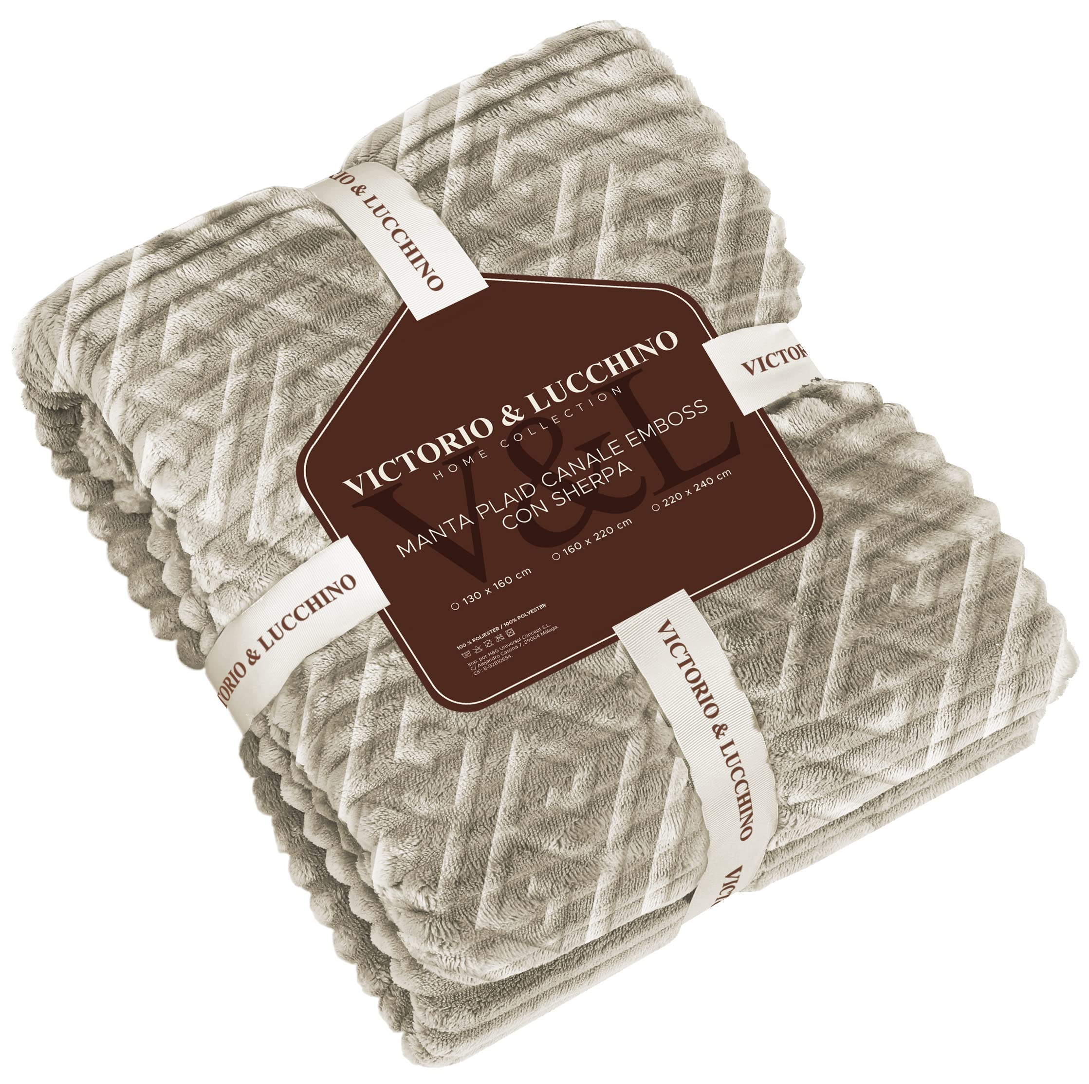Victorio & Lucchino Manta Plaid Sofa Canale Emboss con Borreguito Sherpa - Manta Suave para el Sofa o para Cama (VL-80511) (Beige, 130 X 160 Cm)