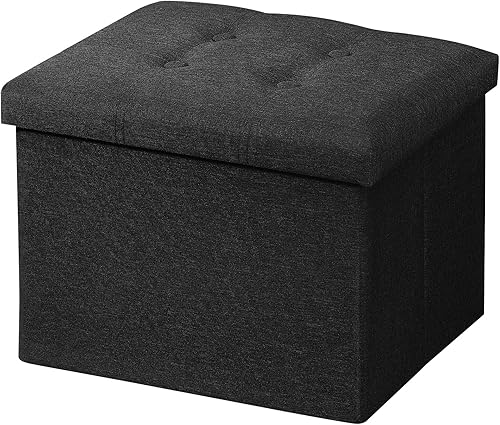 AmasSmile Taburete plegable otomano de almacenamiento, reposapiés de lino de 17 pulgadas, banco otomano corto, almacenamiento de reposapiés, libros,