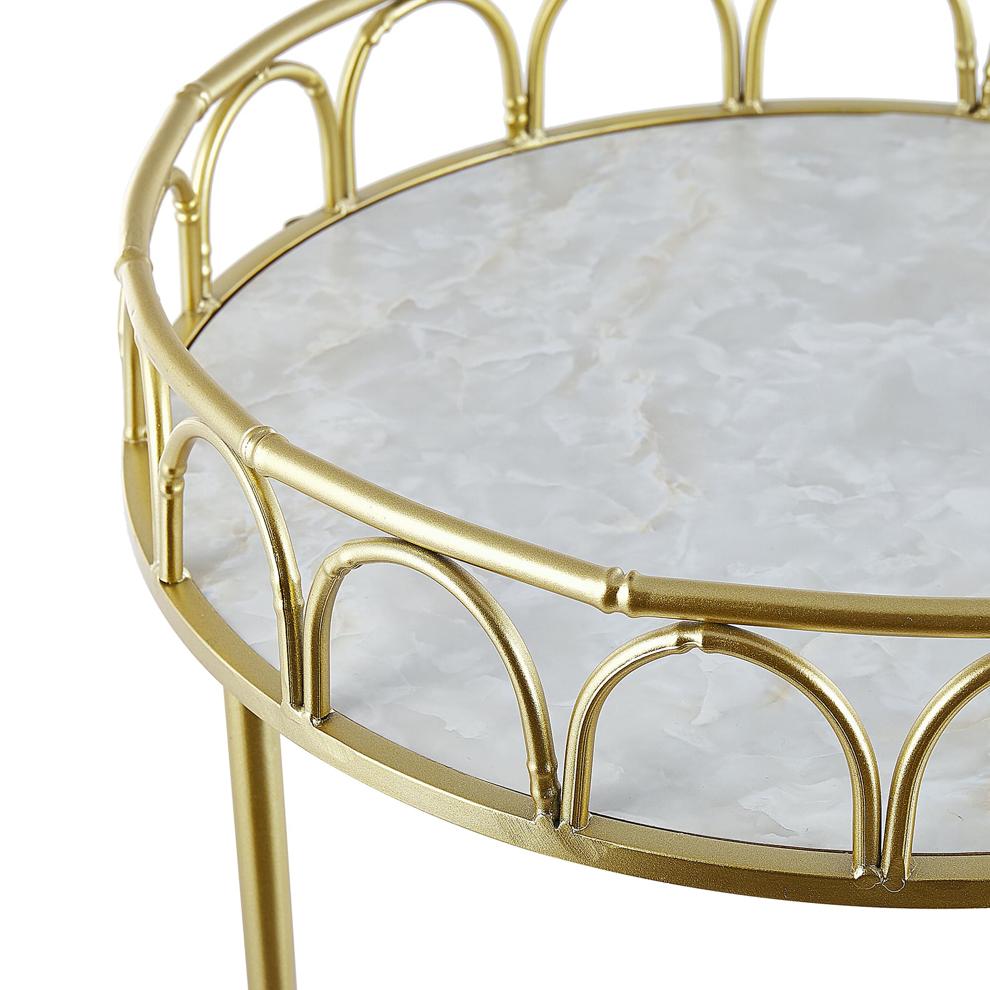 Beliani Desserte de Cuisine Ronde Effet Bois à Roulette Blanche et Dore Pratique pour Salle à Manger Glamour et Decoration