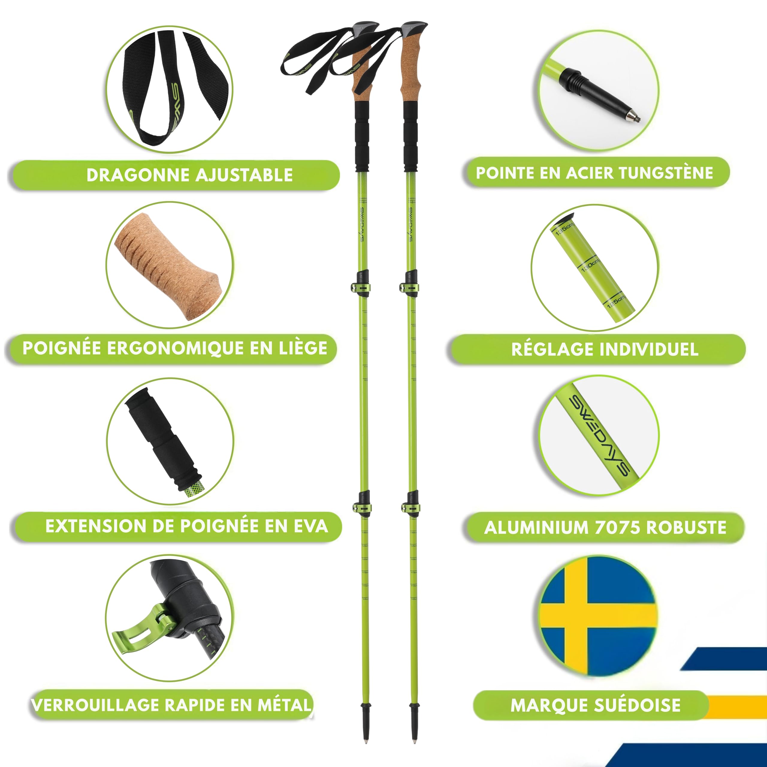 Bâtons de randonnée télescopiques pour Homme et Femme - Bâtons de Trekking légers et réglables de 63 à 135 cm - en Aluminium avec poignée en liège et Tampon en Caoutchouc