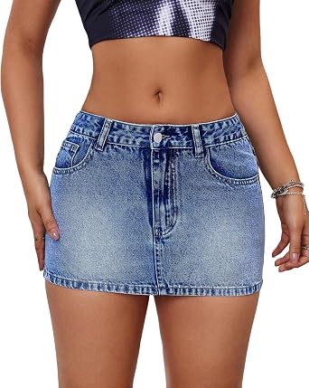 Womens Low Rise Stretchy Denim Skirts Sexy Comfy Mini Jean Skirt for Summer Casual Streetwear