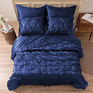 MR&HM Satin Comforter Twin 5 Pieces - Luxurious Pinch Pleat Bedding Set with Comforter, Flat Sheet, Fitted Sheet, Pillowcase & Sham, Super Silky Soft Bed Set for All Season (Twin, Navy Blue)