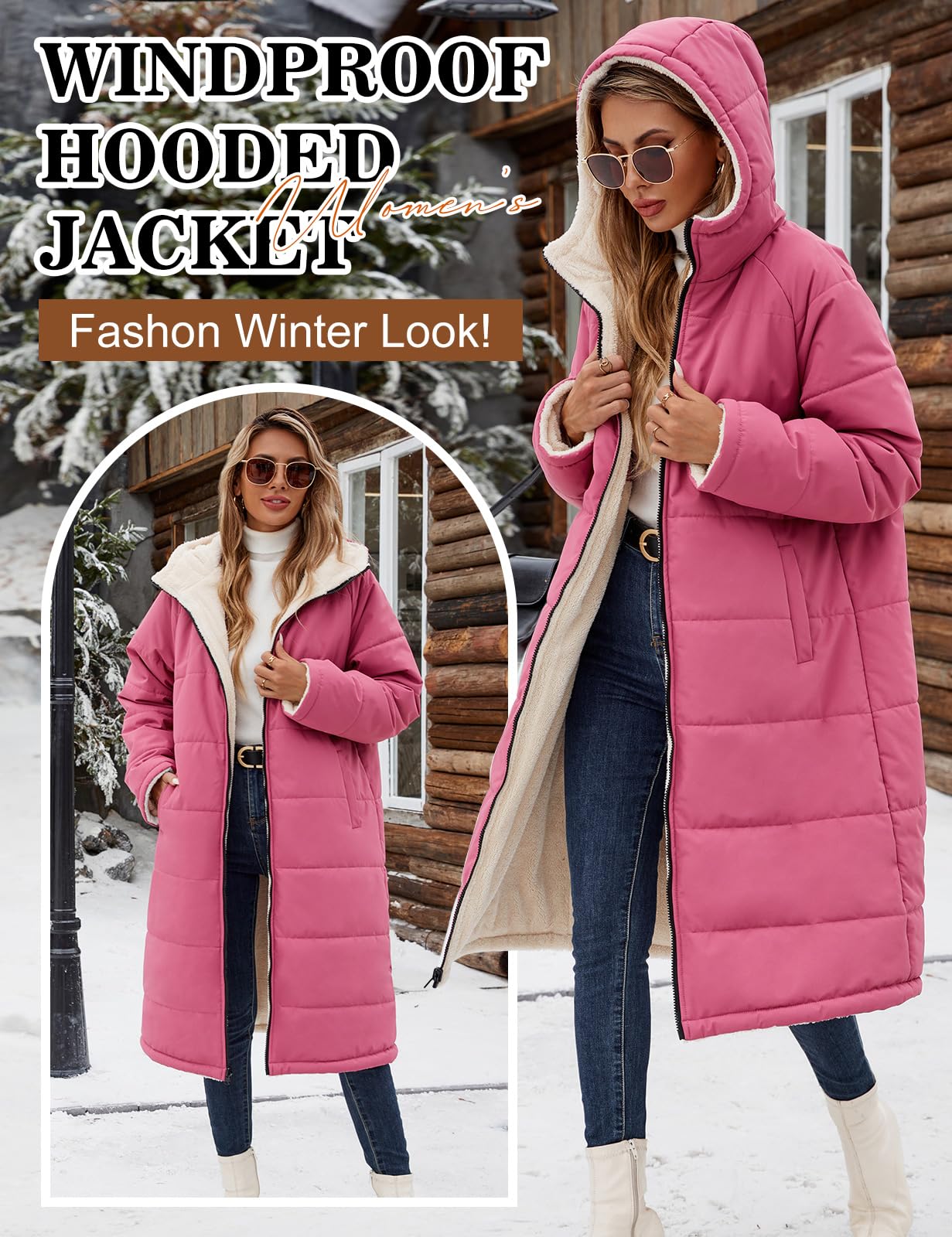 Tuopuda Damen Wintermäntel Lang Winterjacke Warm Winter Fleece Gefüttert Sweatjacke Jacke Mantel Parka Jacket mit Kapuze Teddyfleece Steppjacke Übergangsjacke Winterparka Steppmantel