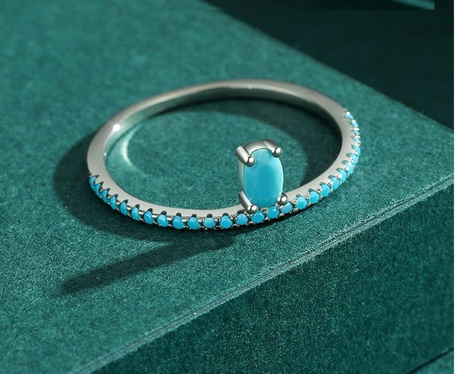 Turquoise Stackable Ring for Women Girls, 925 Sterling Silver Wedding Promise Rings Blue Stone Stacking Statement Band Ring