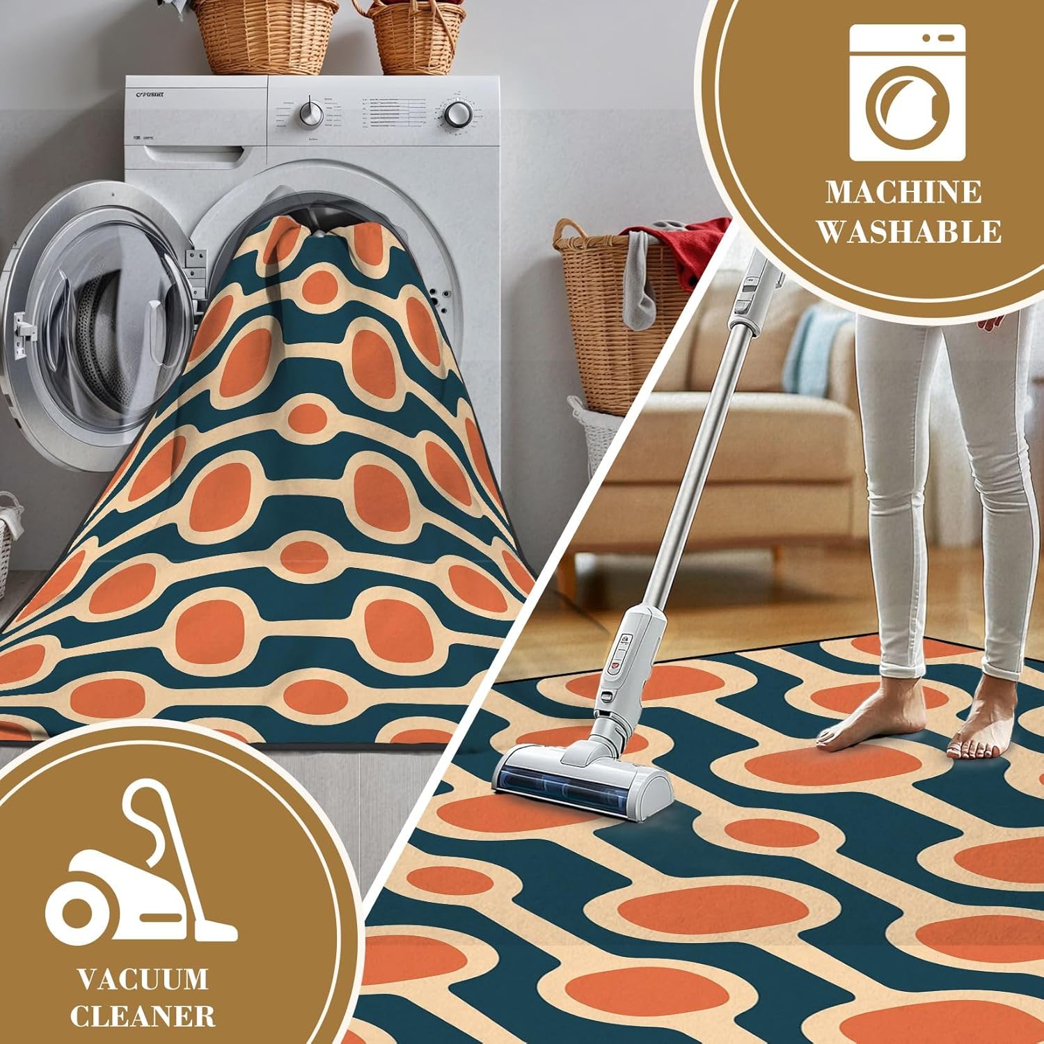 6x9 Orange Area Rugs Rugs for Bedroom Washable Rug Mid Century Modern Atomic Age Blue Orange Cream Ideal for Carpet Carpet for Bedroom Living Room Nursery Rug Aesthetic Room Decor
