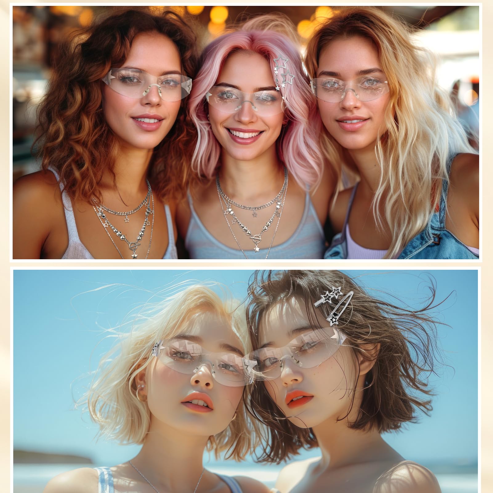 Y2k Accessories Set Included Star Y2k Silver Necklace Grunge Layered Necklace Y2K Sunglasses Star Hair Clip Y2k Silver Hair Clips Keychain Hip Hop Pants Chain Vintage Jewelry Set for Women