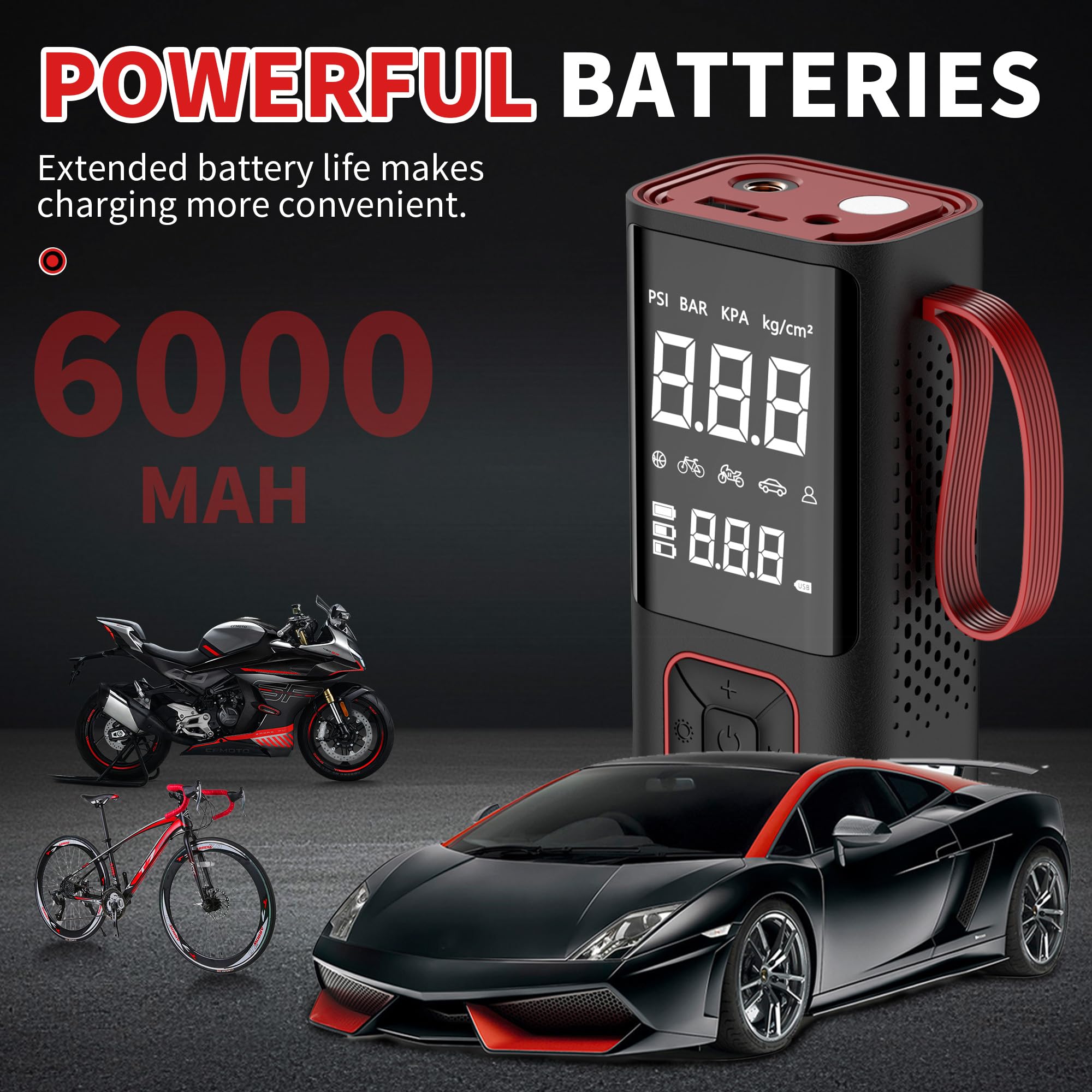 Compressore Aria Portatile, COCCKO 6000mAh e 12V DC Pompa Bicicletta Elettrica,10,3 Bar/150PSI Mini Compressore Portatile con Luce LED, Ricarica USB, per Auto, Bici, Moto, Pallone