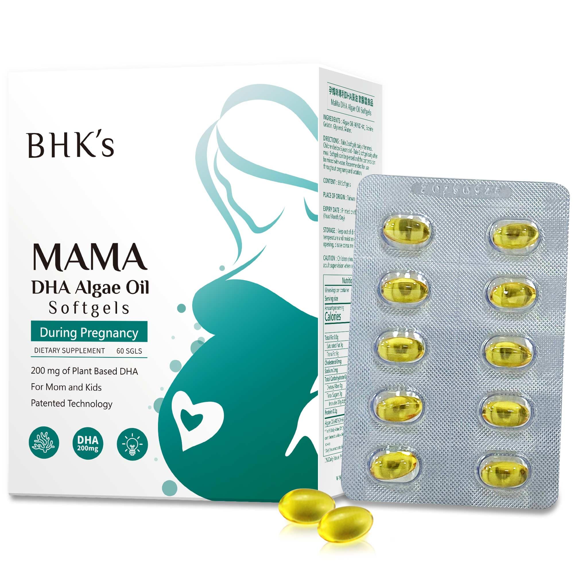 BHK's MaMa DHA Algae Oil, Supplement for Pregnancy, Omega-3, Supports Fetal Brain Growth & Nervous System Development, Improve Mum Memory, 60 softgels