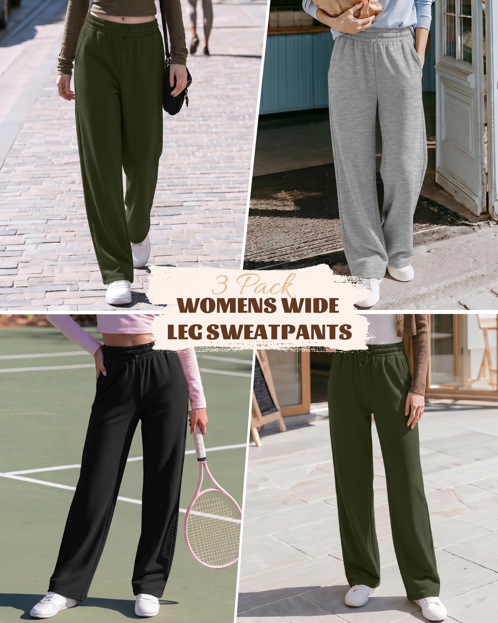 Neer Lot de 3 pantalons de survêtement à jambes larges pour femme, taille haute, élastique, baggy long, décontracté, yoga, jogging avec poches