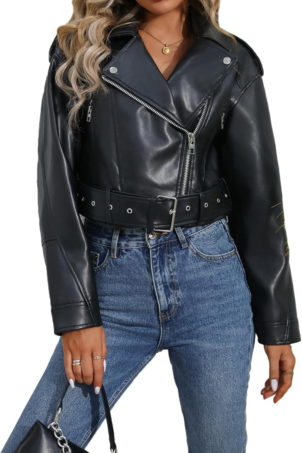 LY VAREY LIN Women Faux Leather Cropped Jacket Vegan Motor Biker Coat with Belt
