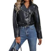 LY VAREY LIN Women Faux Leather Cropped Jacket Vegan Motor Biker Coat with Belt