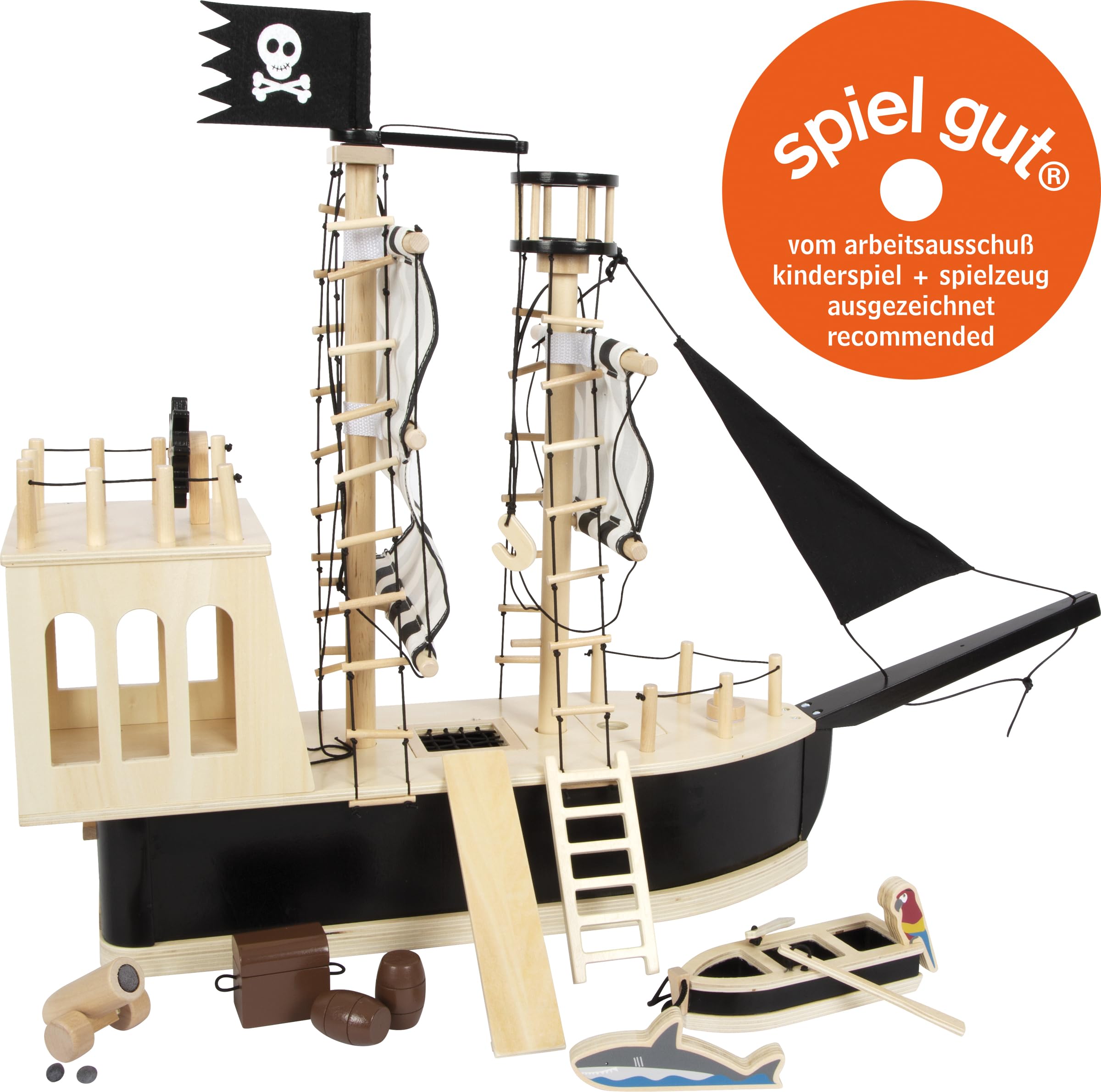 small foot Barco Pirata para muñecas Flexibles de Madera, Gran Barco de Juguete con Accesorios y Funciones, 12411