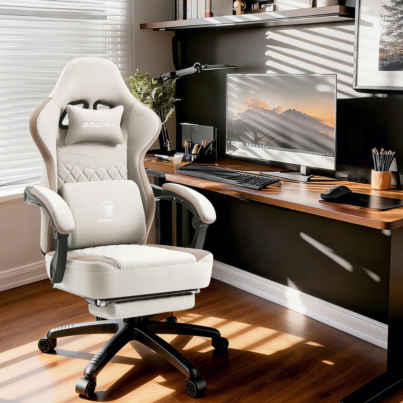 Dowinx Sedia Gaming con supporto lombare, Ampio Sedile Piatto Poltrona Gaming, Sedie Gaming Ergonomica con cuscinetto in gel e borse di stoccaggio Sedia Game, Beige