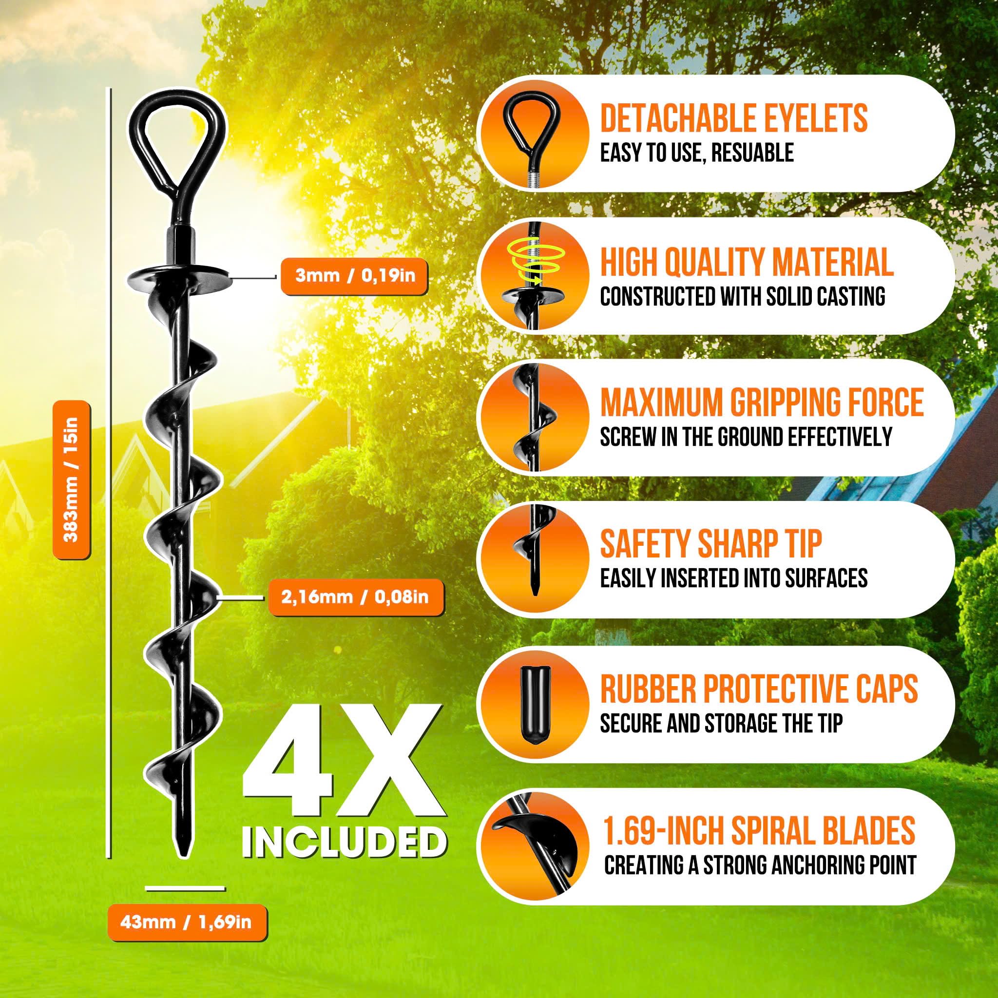 Ground Anchor Screw Set (4 Pack) - Heavy Duty Steel Anchors for Securing Tents, Canopies, Sheds, Trampolines & Fencing - Rust Resistant, Easy Installation, Spiral Design for Maximum Stability