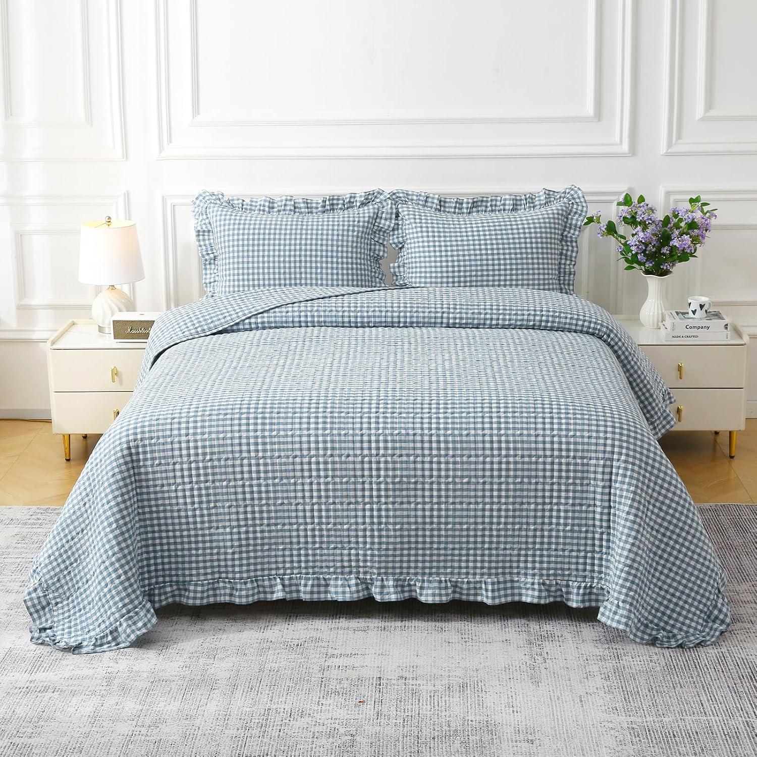 Dust Blue White Ruffle Gingham Quilt Set Queen Size with 2 Pillow Shams, 100% Washed Cotton Yarn-Dyed Quited Bedspread Farmhouse Bedding Set (Dust Blue, Queen) | Ruffle quilt, Gingham quilt, 100% washed cotton