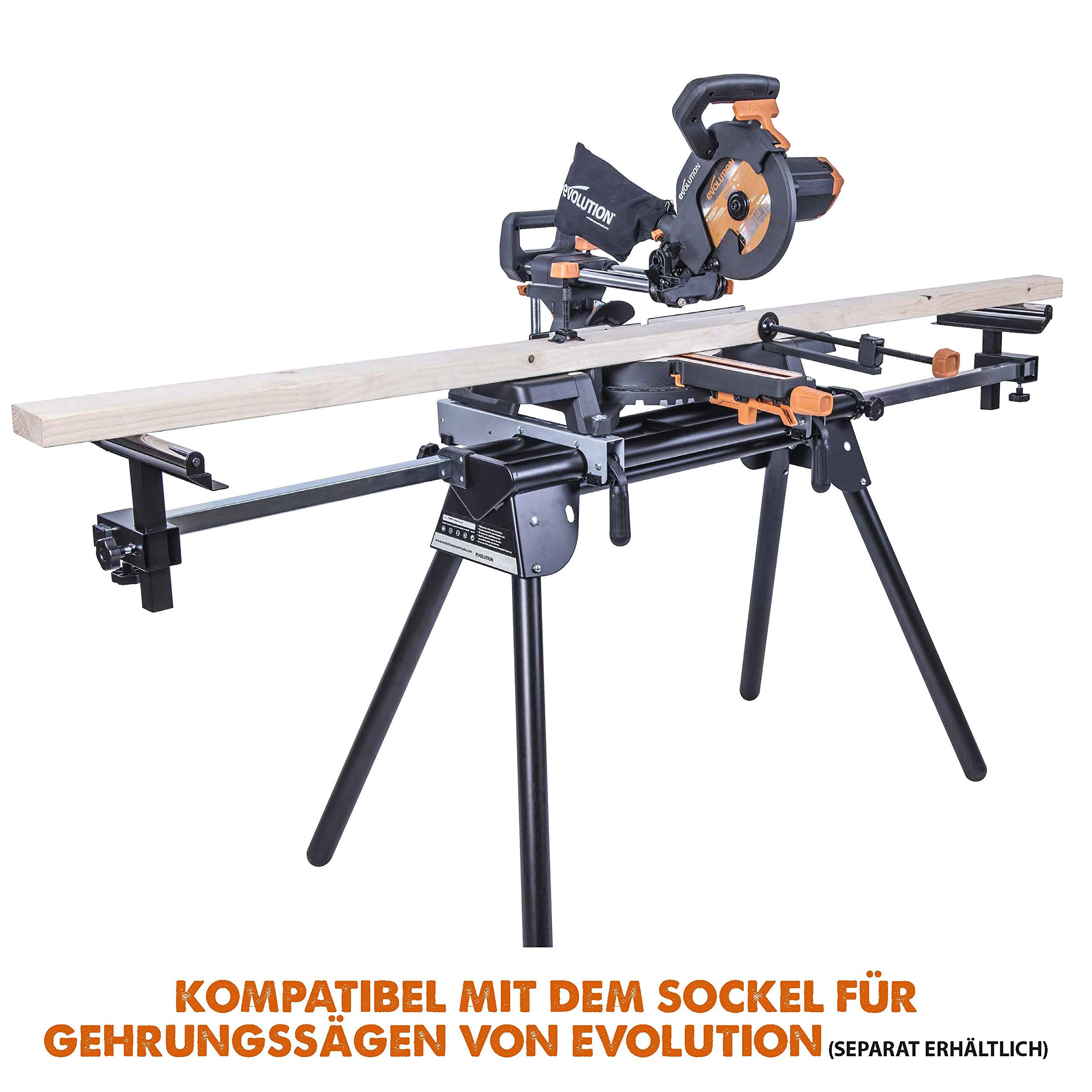 Evolution Schiebe-Kapp- und Gehrungssäge R210SMS-300+ | 1500 W, 300 mm Gleitfunktionalität, Schrägschnitt, Gehrungswinkeln | Ø 210 mm HM TCT Sägeblatt für Multimaterialschnitt | Zug-kapp-gehrungssäge