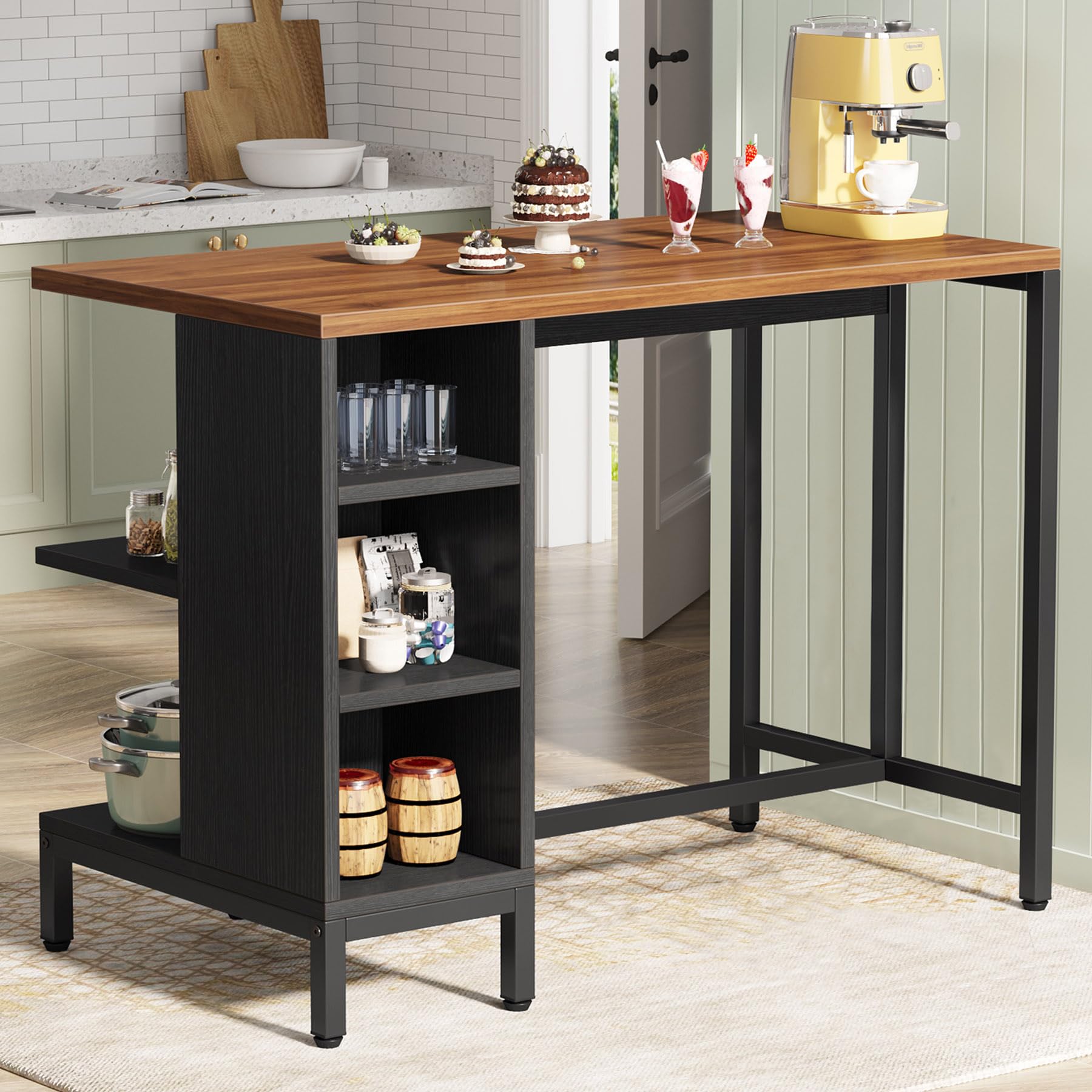 Tribesigns Kitchen Island, Kitchen Shelf Bar Table with 5 Open Storage Shelves and Large Worktop, Industrial Butcher Block Island (Stools Not Included)